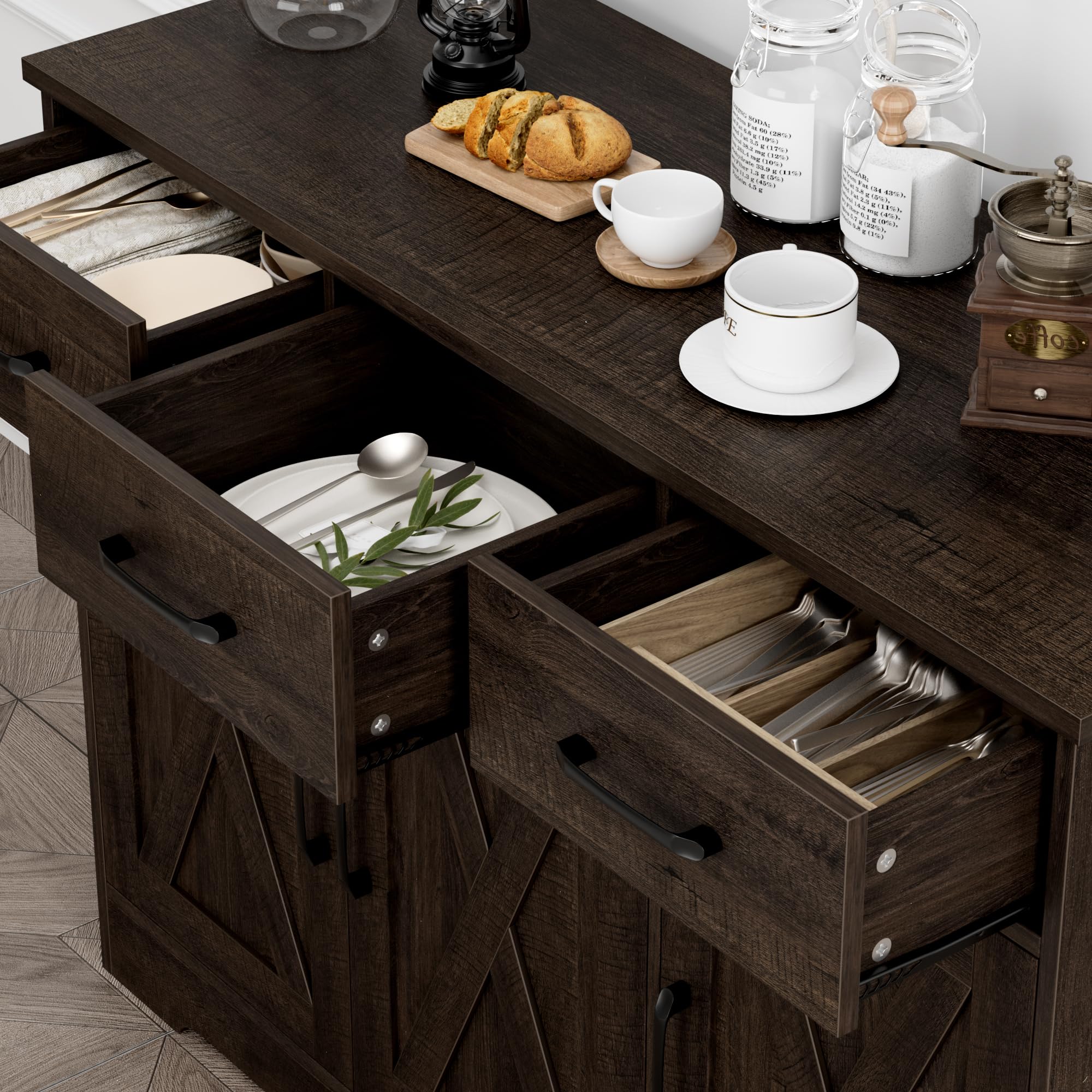 Modern Farmhouse Buffet Sideboard Cabinet with Barn Doors - Wood Storage Cabinet with Drawers & Shelves for Dining Room, Kitchen, Living Room - Dark Brown Coffee Bar Organizer for Home Decor & Entertaining