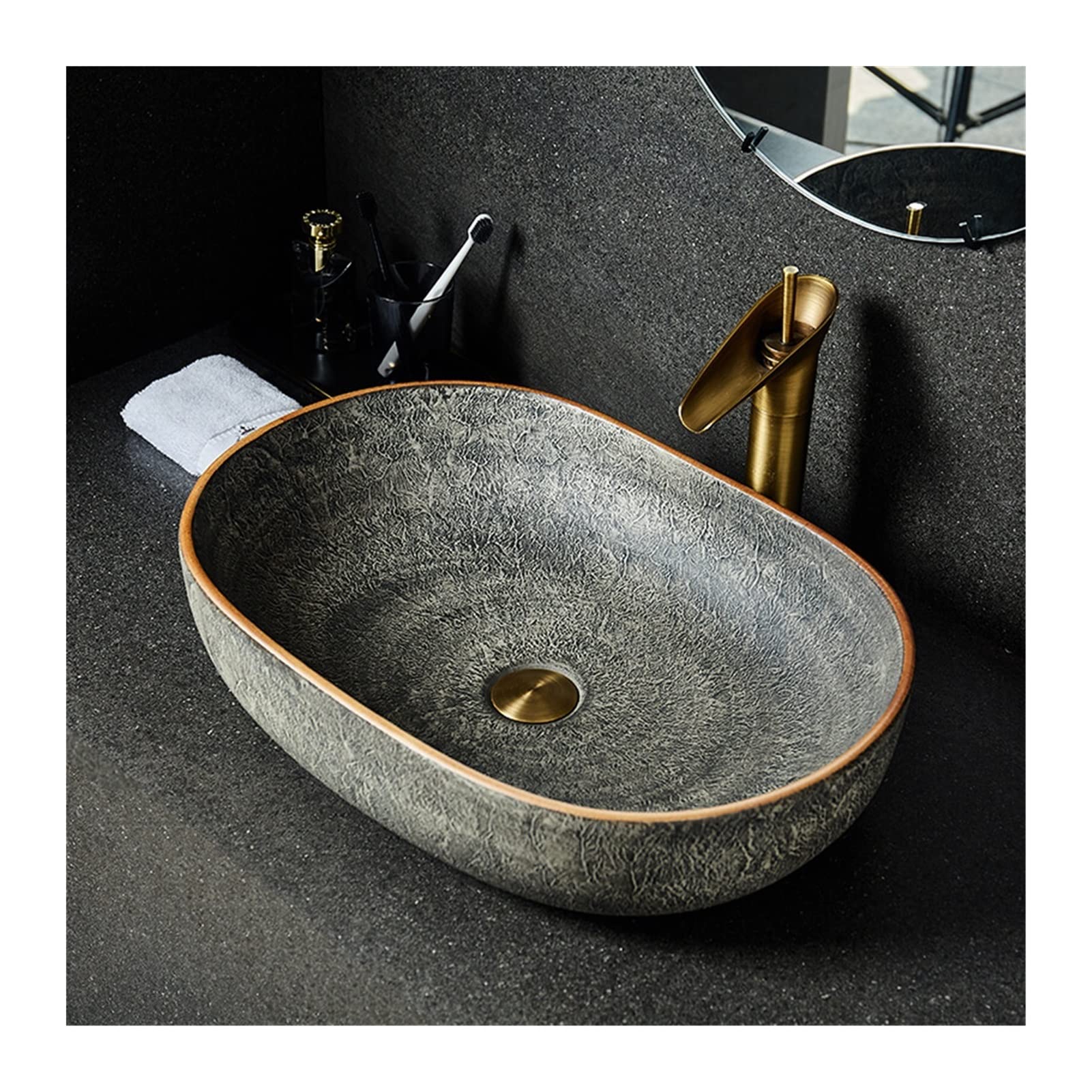 Liushop Vintage Style Oval Ceramic Vessel Sink - Artistic Bathroom Countertop Wash Basin Bowl for Modern & Farmhouse Bathroom Decor