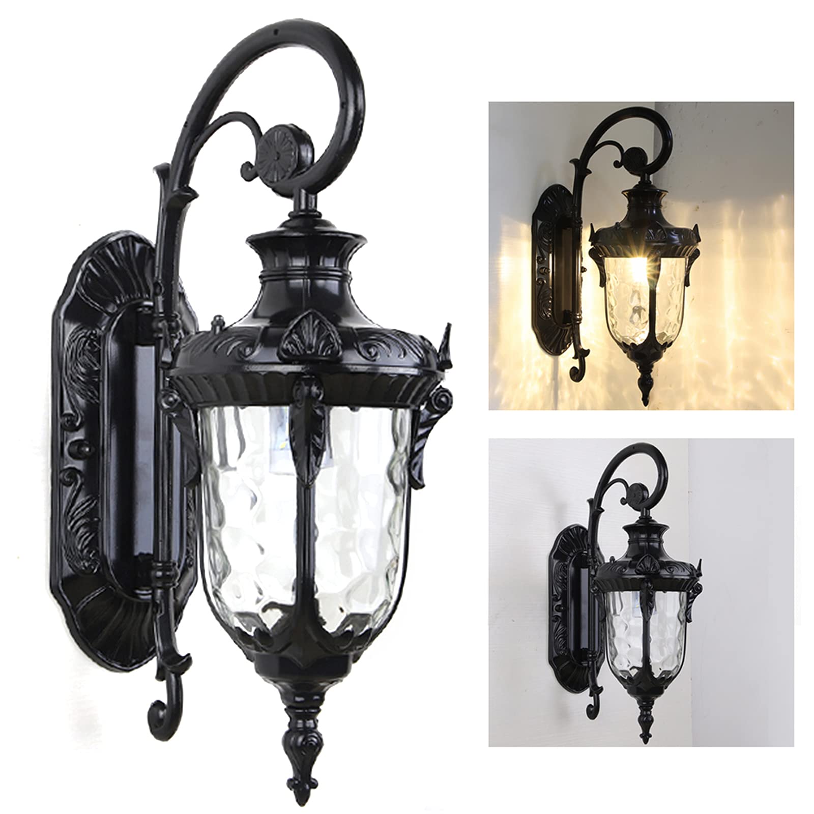 TFCFL Outdoor Industrial Wall Light Fixtures - Waterproof Exterior Wall Sconce with Hammered Glass Shade, Black Porch Lights for House, Barn, Garage & Patio Lighting
