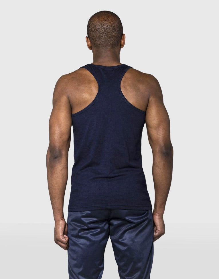 Cerus Navy Stringer Vest with White Small Print Logo - Stylish & Comfortable for Casual Wear, Gym, and Outdoor Activities