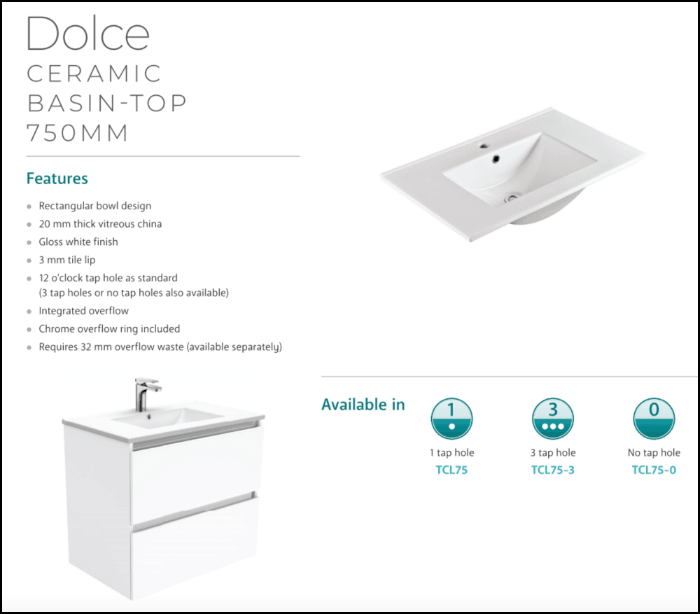Fienza Dolce Edge TCL75XKL 30-Inch Modern Bathroom Vanity with Kickboard & Left Drawers - Perfect for Small Bathrooms, Powder Rooms & Guest Baths
