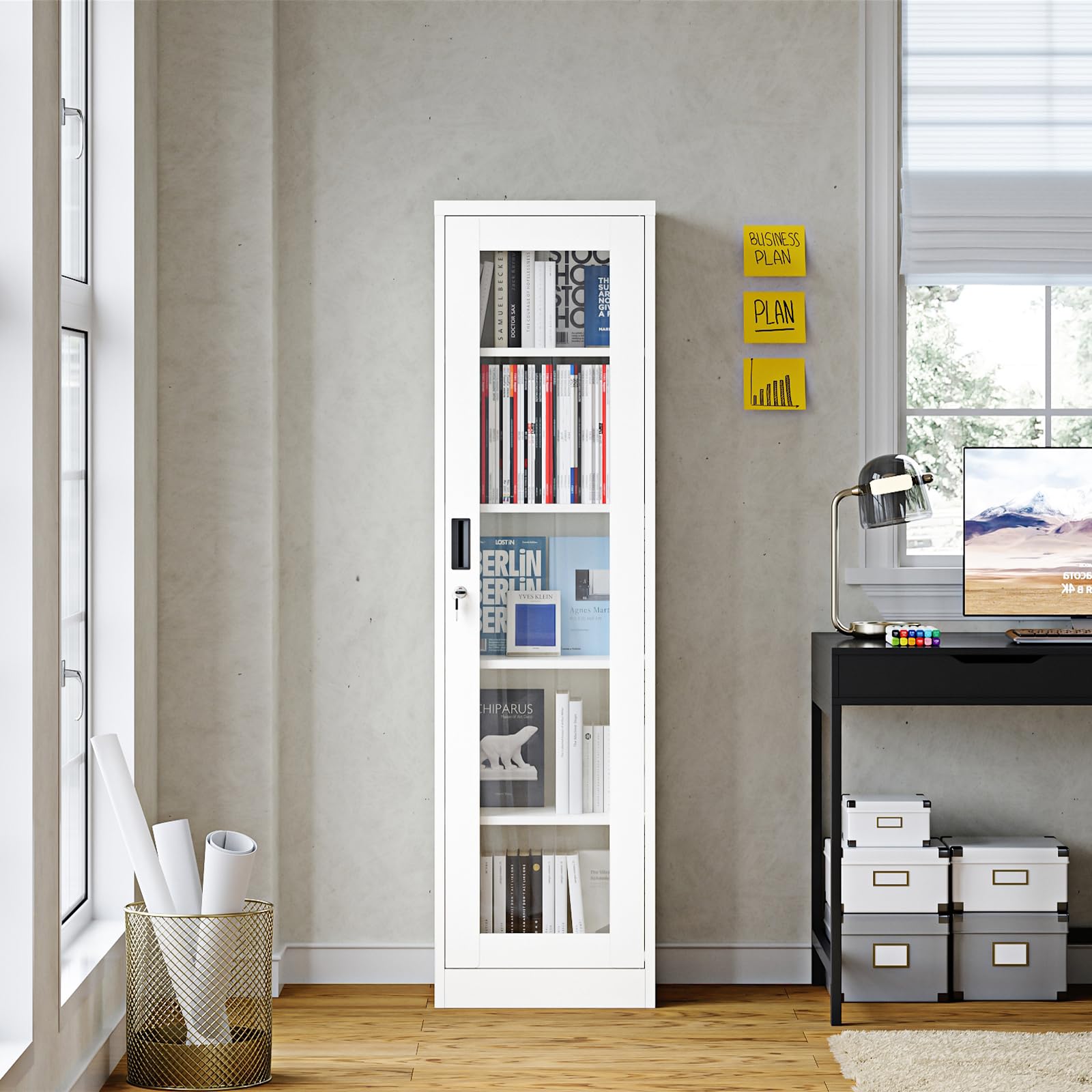 Glass Door Display Cabinet with 4 Adjustable Shelves - Locking Curio Cabinet for Home, Office, Clinic & Pantry - White Modern Storage Solution (Assembly Required) - Perfect for Showcasing Collectibles, China & Home Decor
