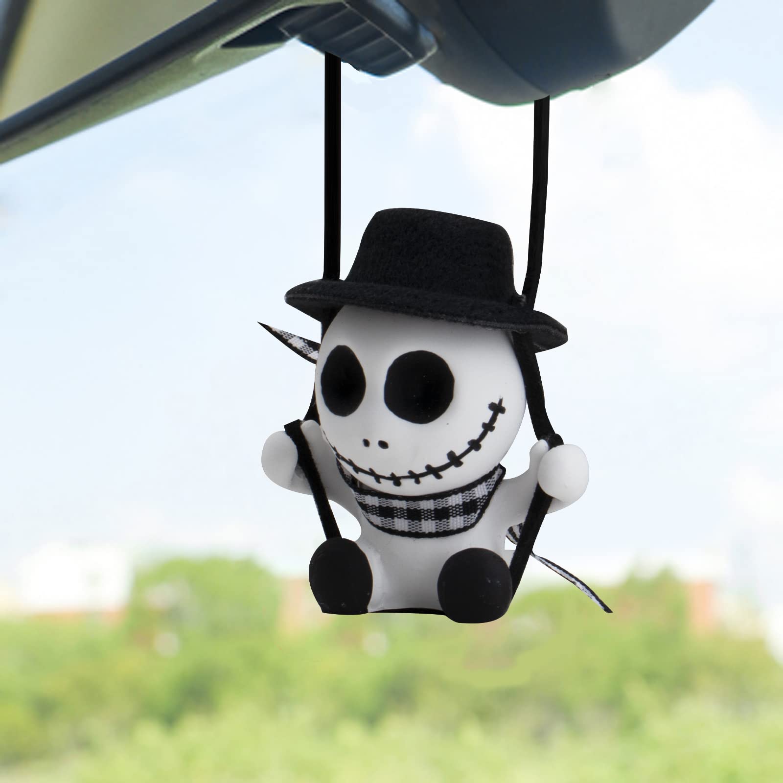 Wonuu Swinging Skull Car Rearview Mirror Hanging Ornament - Cool Skeleton Car Pendant for Interior Decoration | Unique Auto Accessory for Halloween, Gothic Style & Car Enthusiasts