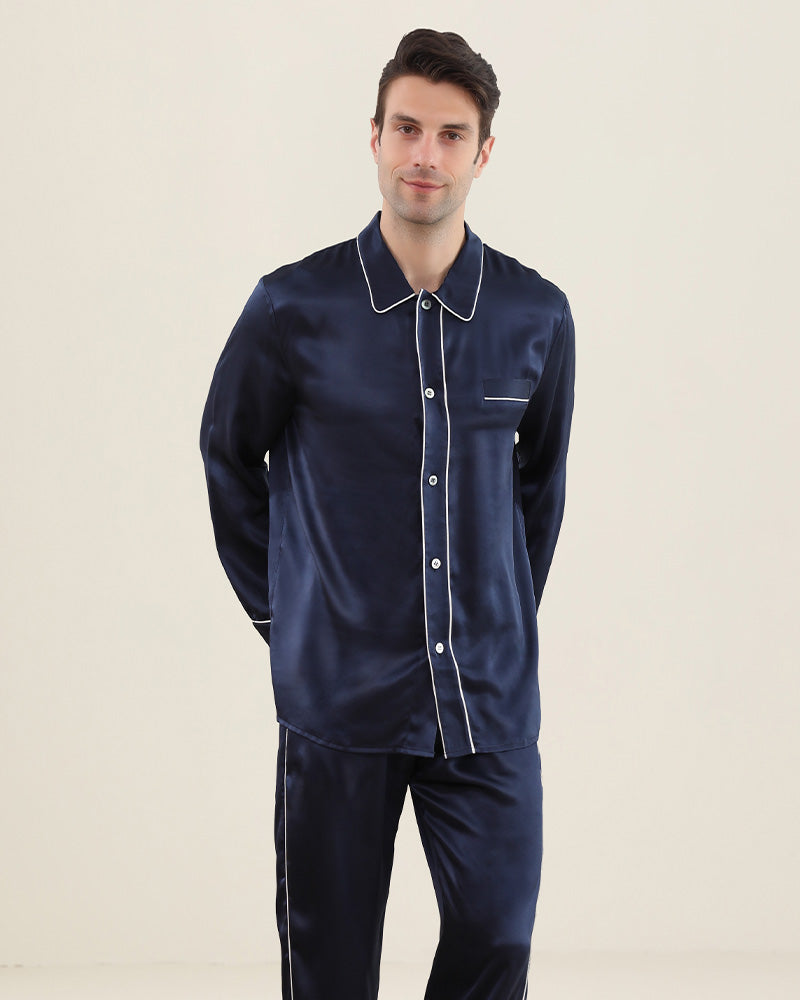 Luxury 22Momme Double Button Silk Pajamas Set for Men - Soft & Breathable Sleepwear for Comfortable Nights at Home or Travel