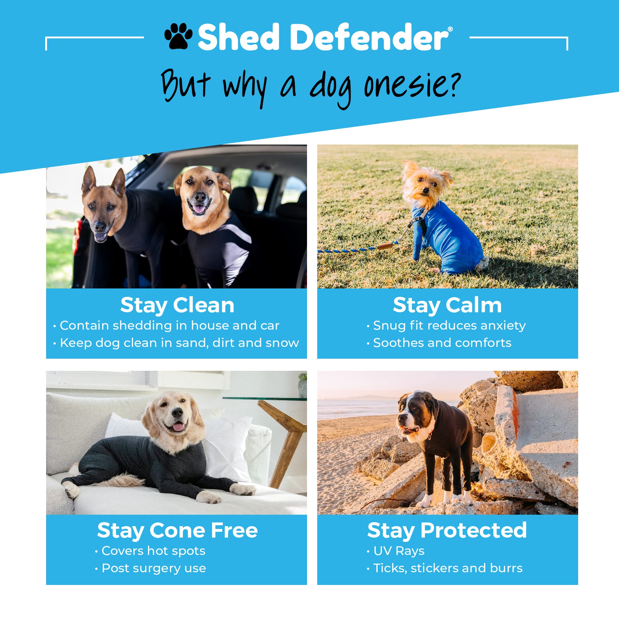 **Shed Defender Original Dog Onesie - Anti-Shedding Dog Shirt, Post-Surgery Recovery Suit & Anxiety Calming Vest | Vet Approved, USA Designed | Seen on Shark Tank | Perfect for Hot Spot & Allergy Relief, Post-Op Care & Stress Reduction**