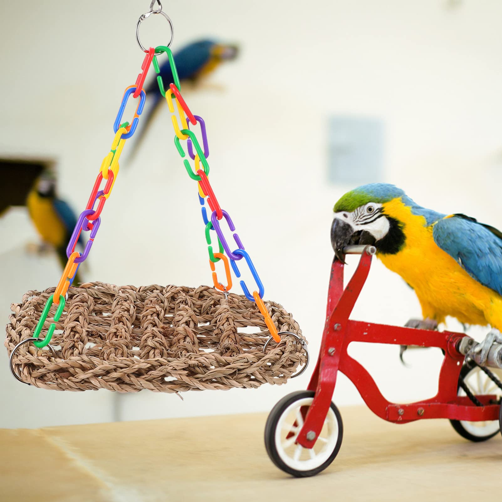 POPETPOP Bird Cage Swing - Woven Bird Perch for Budgies & Parakeets - Natural Wooden Chew Toy & Shredder - Hammock & Climbing Accessories for Parrots - Safe Teng Grass Plaything - Perfect for Cage Enrichment & Playtime