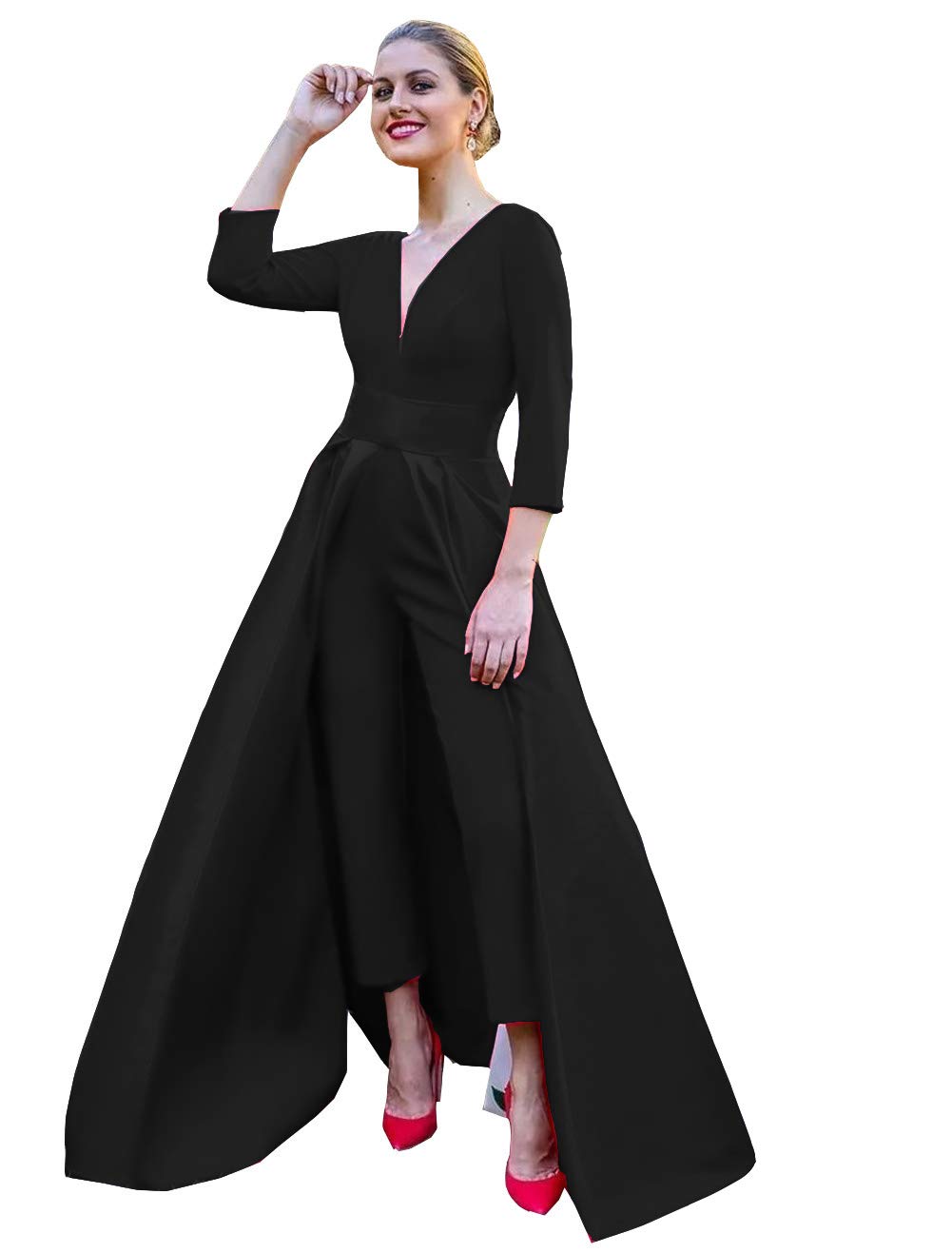 Emanni Women's Formal Evening Jumpsuit with Detachable Skirt - V Neck Long Sleeve Prom Dress in Black | Perfect for Weddings, Galas & Special Occasions