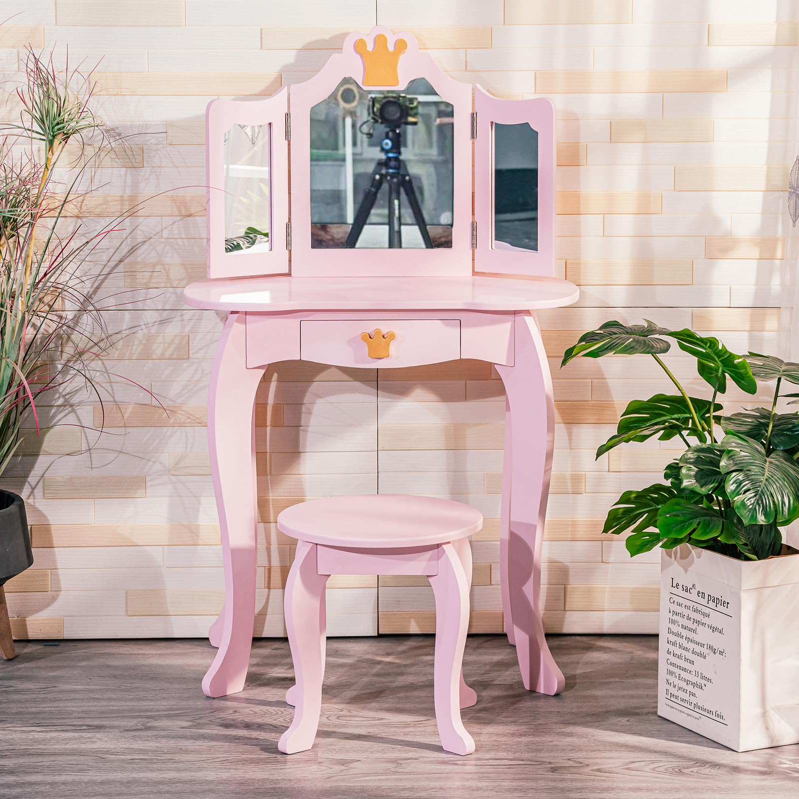 GAOMON Kids Vanity Table with Tri-Fold Mirror, Stool & Storage Drawer - 2-in-1 Wooden Princess Makeup Dressing Desk for Girls, Toddler Pretend Play Vanity Set - Perfect for Bedroom Decor & Imaginative Playtime