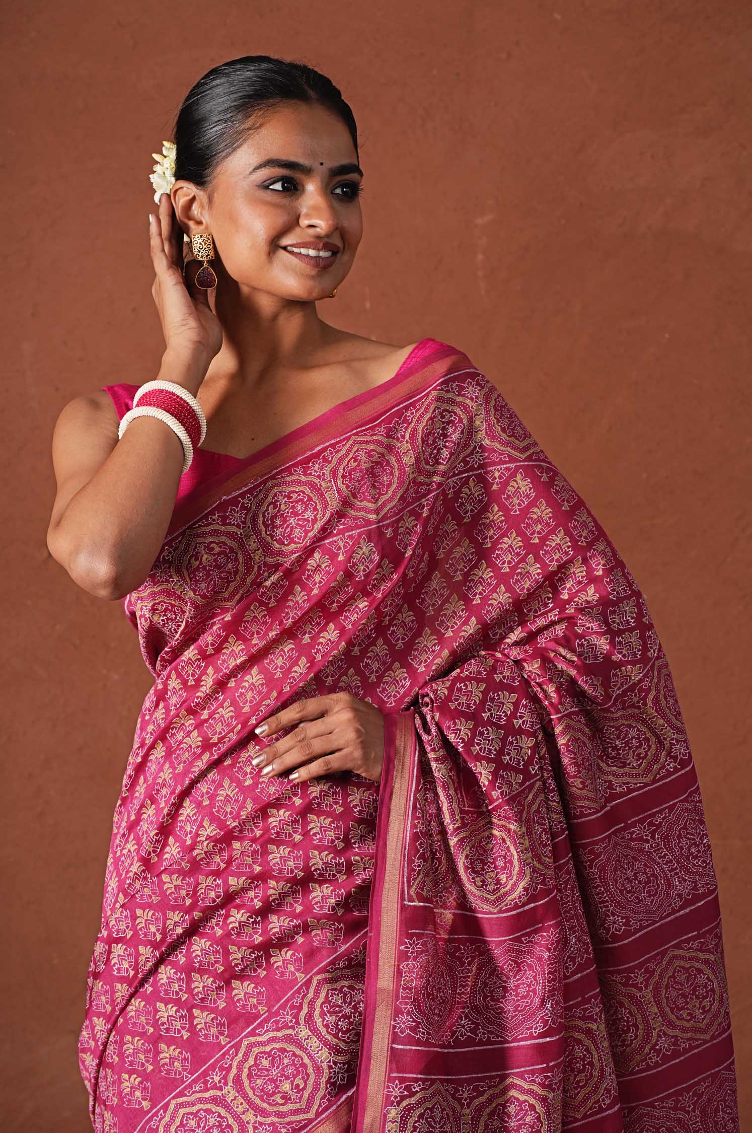 Azure Gold Hand Block Printed Chanderi Silk Saree - Traditional Indian Bridal & Party Wear - Perfect for Weddings, Festivals & Special Occasions
