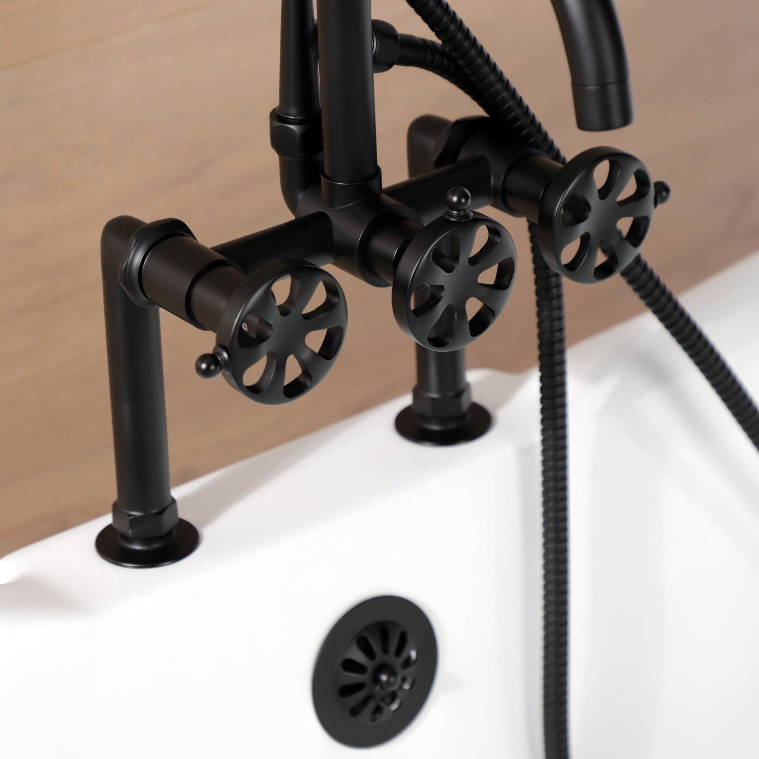 Belknap AE8400RX Matte Black 3-Handle 2-Hole Deck Mount Clawfoot Bathtub Faucet with Hand Shower - Perfect for Vintage Bathroom Renovations & Spa-Like Showers