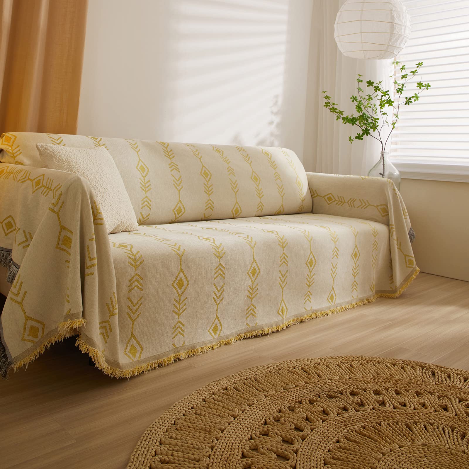 VClife Reversible Chenille Sofa Slipcover - Soft Thick Boho Couch Cover for 2 Cushion Sofa, Sectional & Futon - Beige Yellow Herringbone Plaid Design - Dog & Pet Furniture Protector - Perfect for Living Room, Bedroom & Home Decor