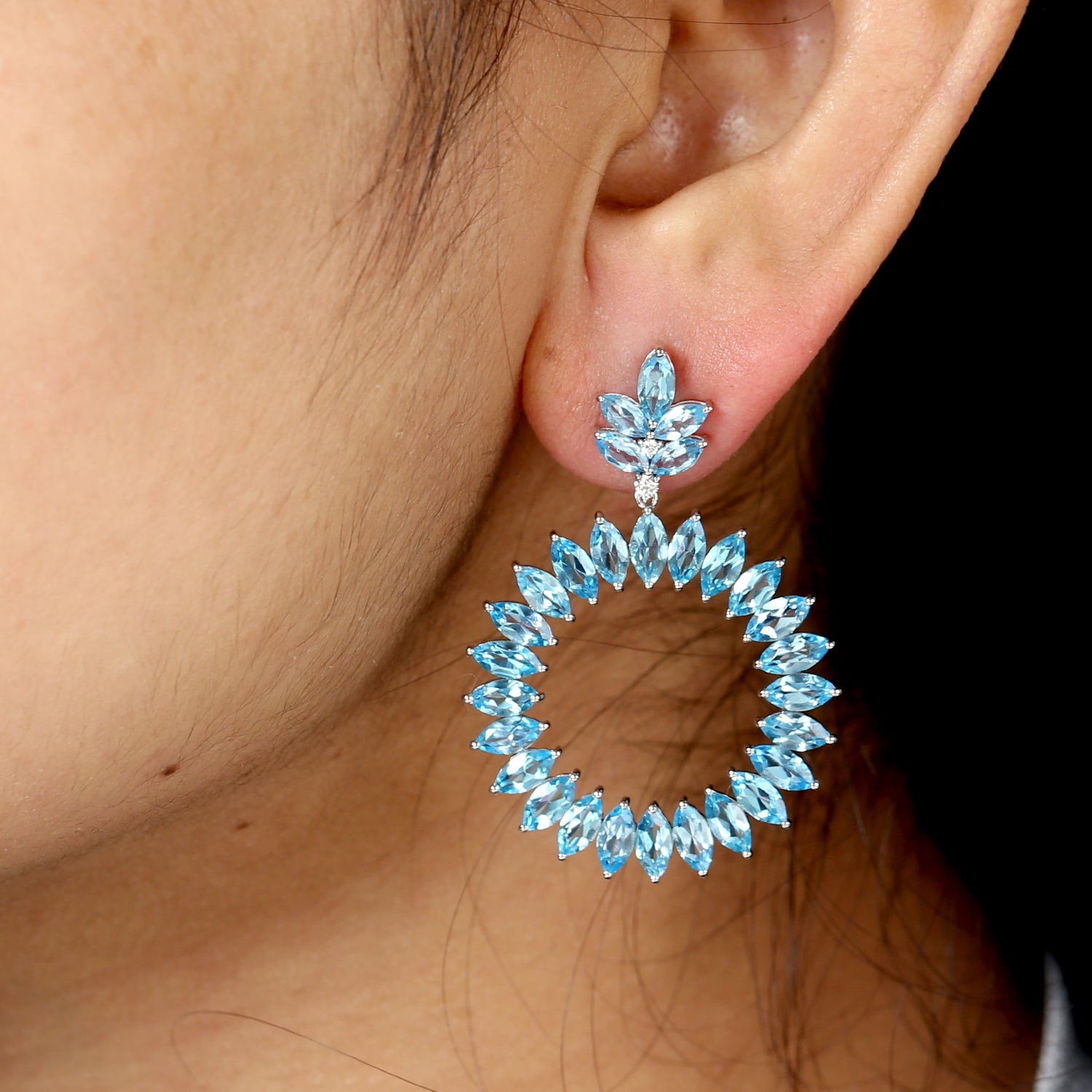 18k White Gold Marquise Blue Topaz Front Hoop Earrings for Women - Perfect for Weddings, Parties & Special Occasions