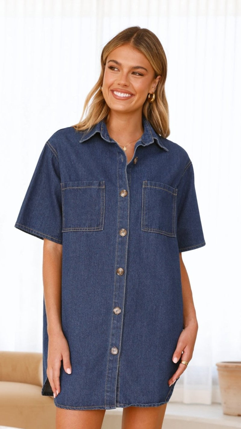 Chaney Button Up Mini Dress for Women - Dark Denim Stretch Denim Shirt Dress - Casual Summer Outfits for Beach, Date Night & Office Wear
