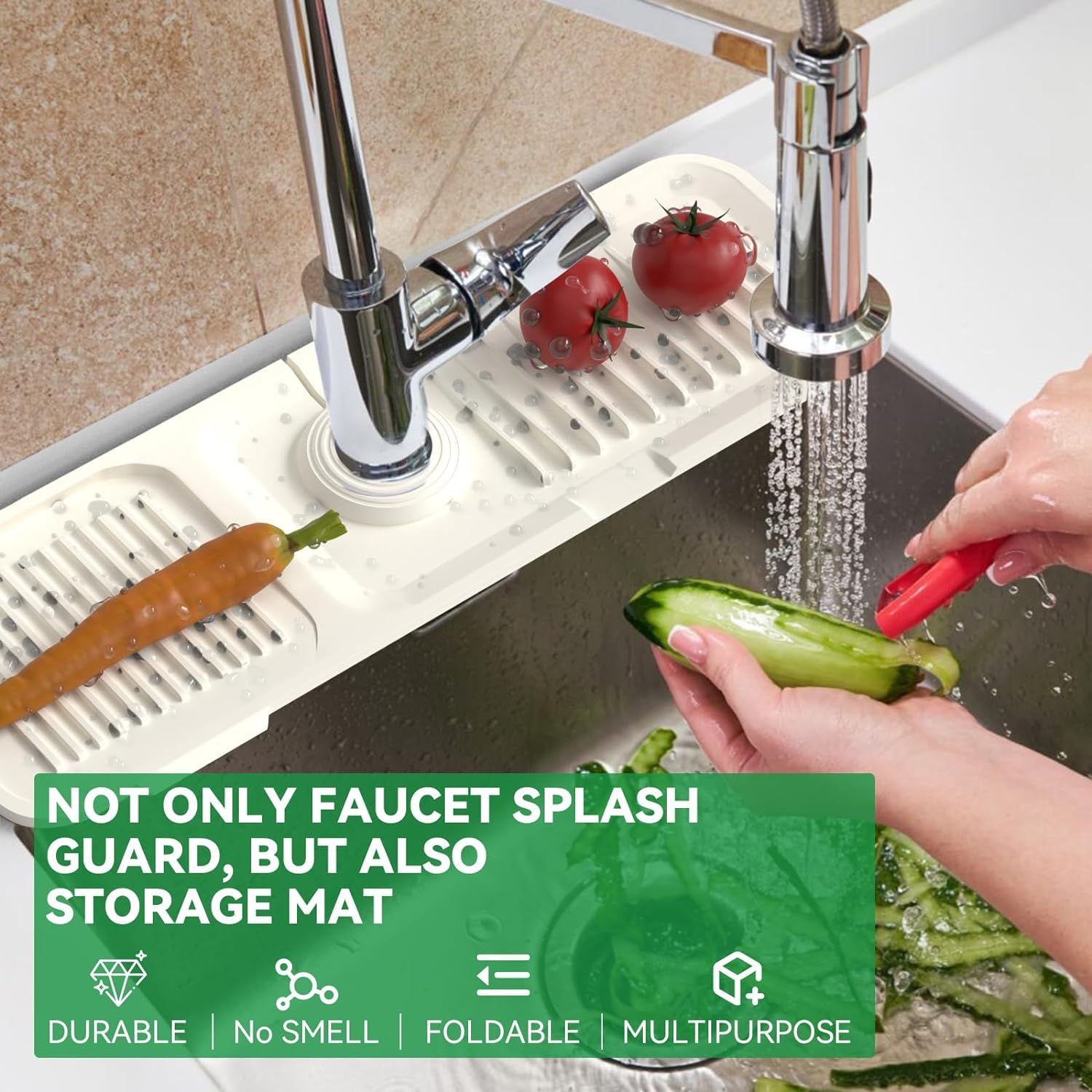 Premium Silicone Faucet Mat & Dish Soap Sponge Holder - Non-Slip Kitchen Sink Accessory, Drying Mat for Countertops, Bathroom & Kitchen Sink Splash Guard (Beige White) | Perfect for Organizing, Drying Dishes & Protecting Surfaces from Water Damage