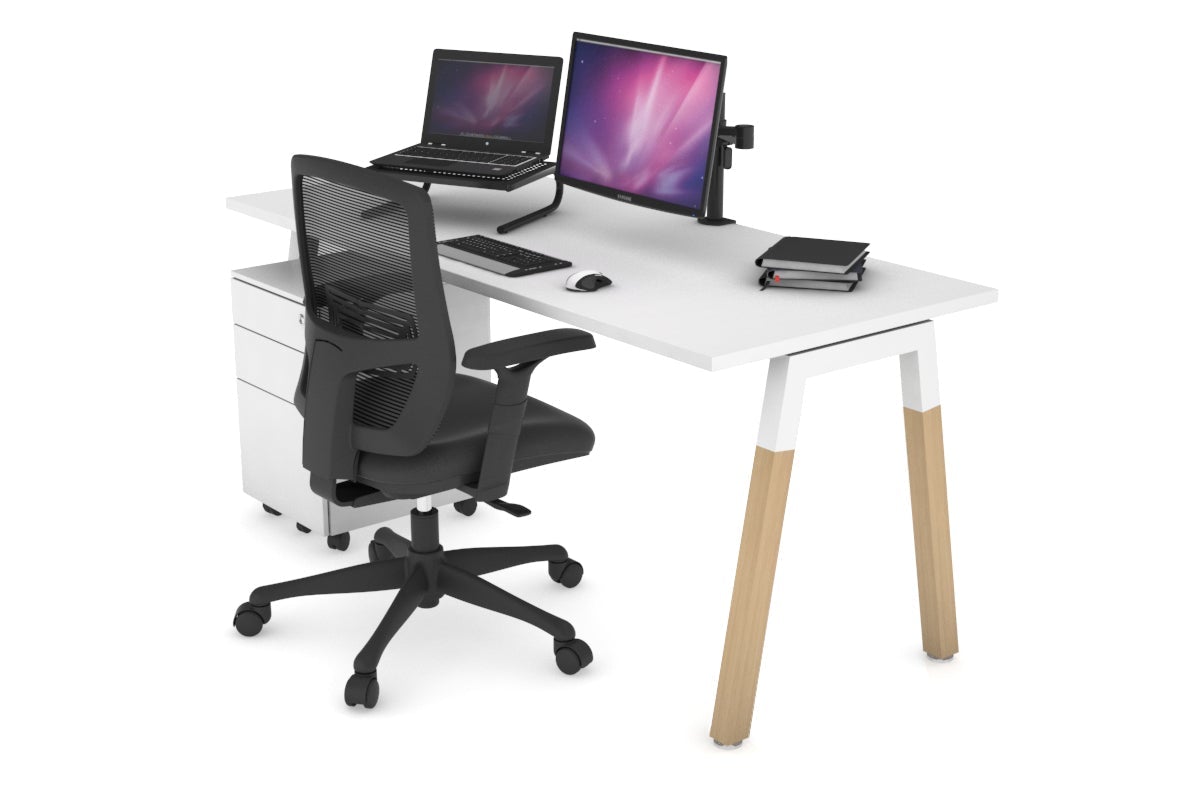 Quadro A Legs Office Desk with Wood Legs & Cross Beam [1600L x 700W] - Sturdy Workstation for Home Office, Study Room, or Commercial Spaces