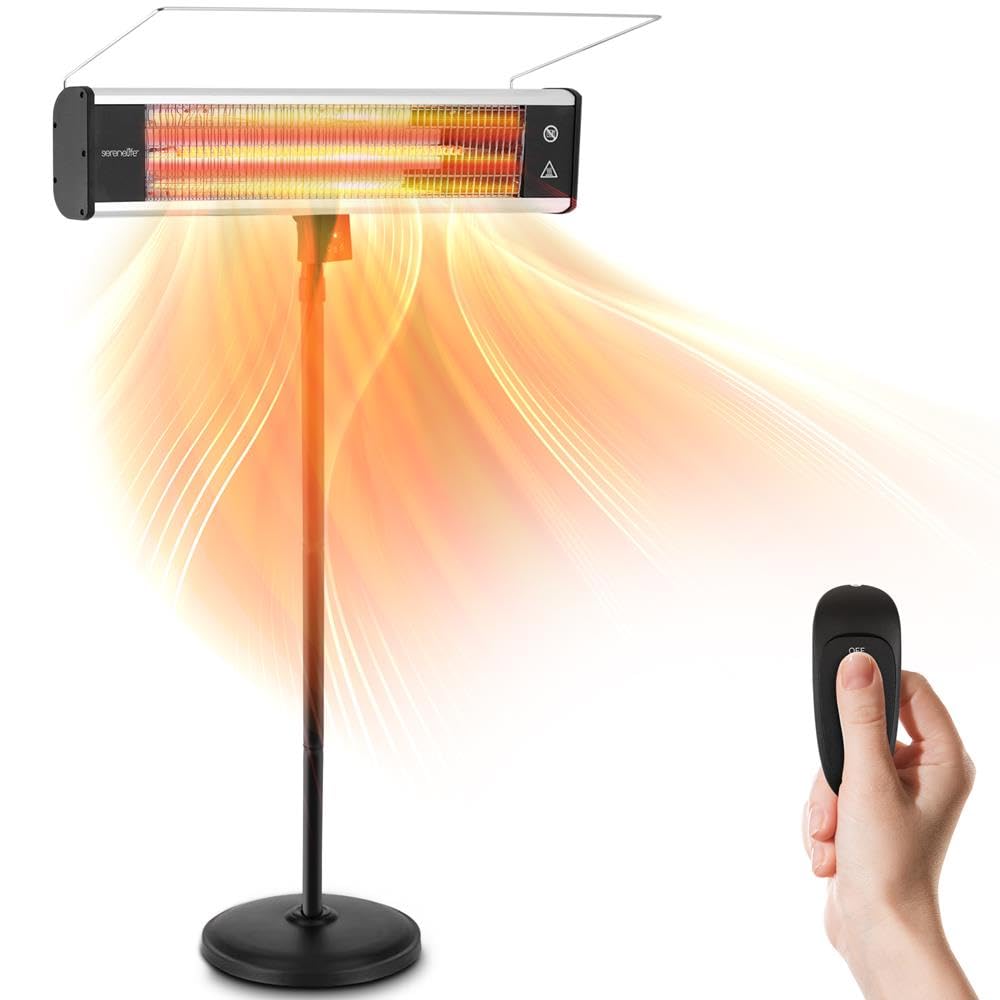SereneLife 1500W Infrared Patio Heater with Remote Control - Indoor Outdoor Electric Heater, Portable Standing Heater with 360° Tip-Over Safety & IP65 Rating - Perfect for Restaurants, Patios, Backyards, Garages, Decks, and Outdoor Gatherings