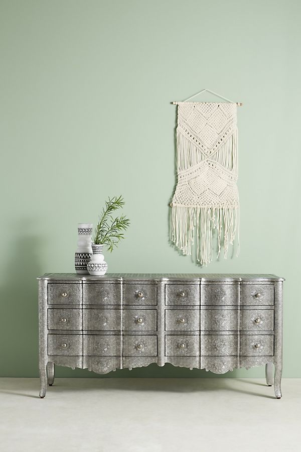 Hand Embossed 6-Drawer Dresser - Silver Metal Indian Style Chest of Drawers for Bedroom Storage & Home Decor