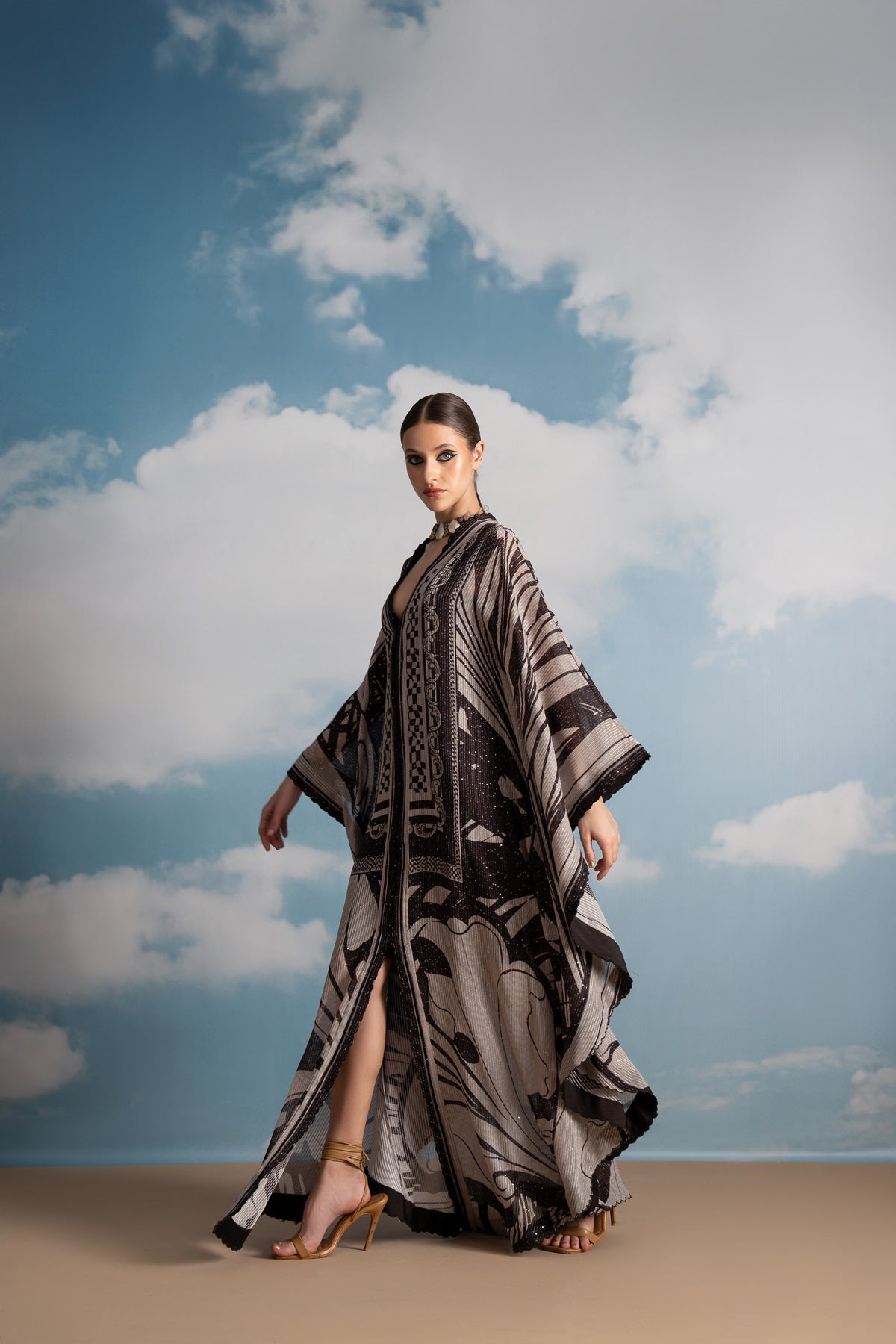 Stylish Chocolate Swirl Print Front Open Kaftan with Slip - Perfect for Beach Cover-Up, Poolside Lounging & Summer Vacation Outfits
