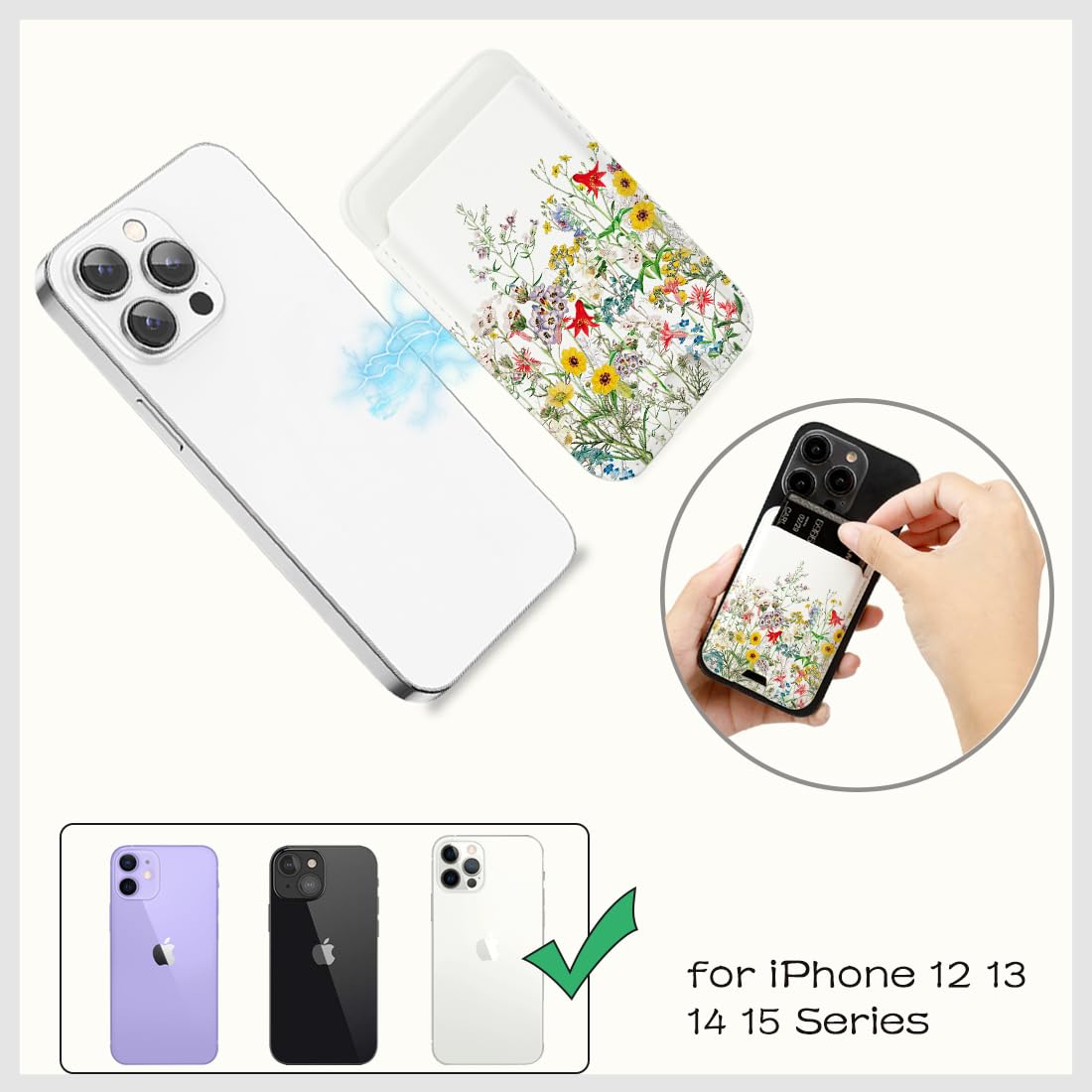 Magnetic MagSafe Wallet for iPhone 16/15/14/13/12 Pro Max/Plus/Mini - Detachable PU Leather Card Holder with Wildflowers Design | Slim RFID Blocking Wallet for Credit Cards & ID | Perfect for Travel, Shopping and Everyday Use