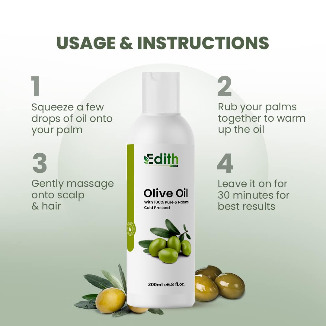 100% Pure Cold Pressed Olive Oil for Hair & Skin Care - 200ml | Natural Moisturizer for Men & Women | Perfect for Massage, DIY Beauty & Cooking
