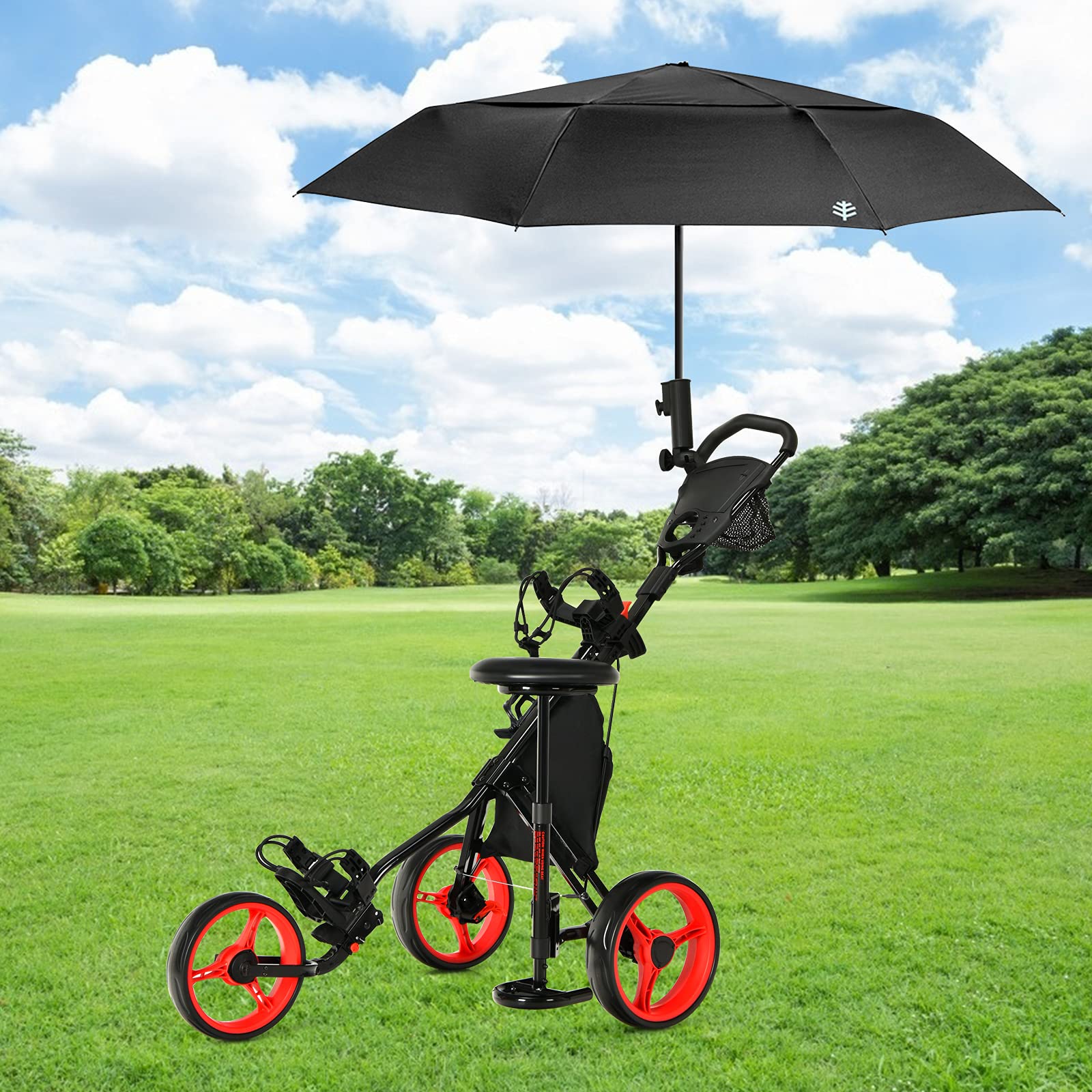 GYMAX 3-Wheel Golf Push Cart - Foldable Lightweight Golf Trolley with Adjustable Height, Umbrella Holder, Hydraulic Seat, Storage Bag & Cup Holder | Perfect for Golf Clubs, Courses & Outdoor Practice