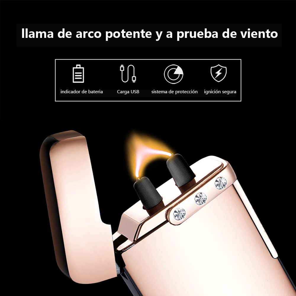 Rechargeable USB Plasma Lighter - Windproof Electric Arc Lighter with 3 Rhinestones, PVD Coating & LED Battery Indicator - Perfect for Smoking, Camping, BBQ & Outdoor Activities (ICY Gold)