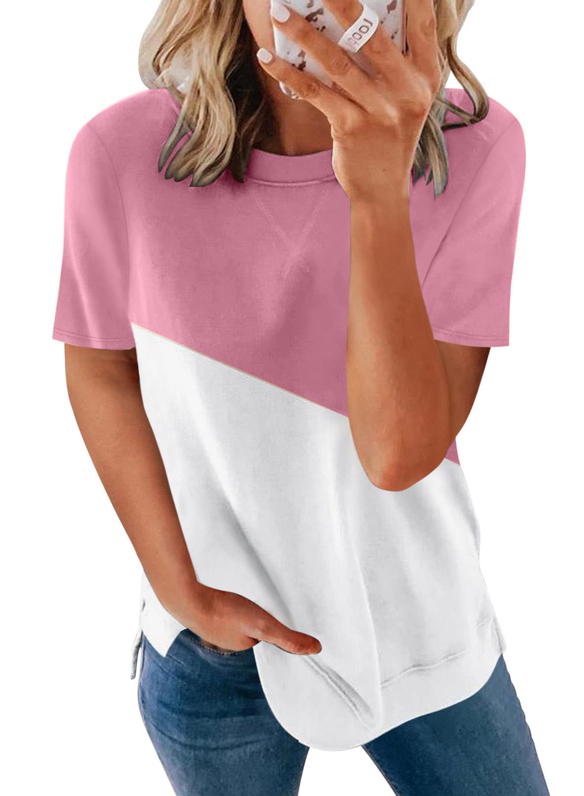 SHEWIN Women's Summer Tops Casual Short Sleeve T-Shirts - Loose Fit Breathable Cotton Tee for Outdoor Activities, Travel & Daily Wear