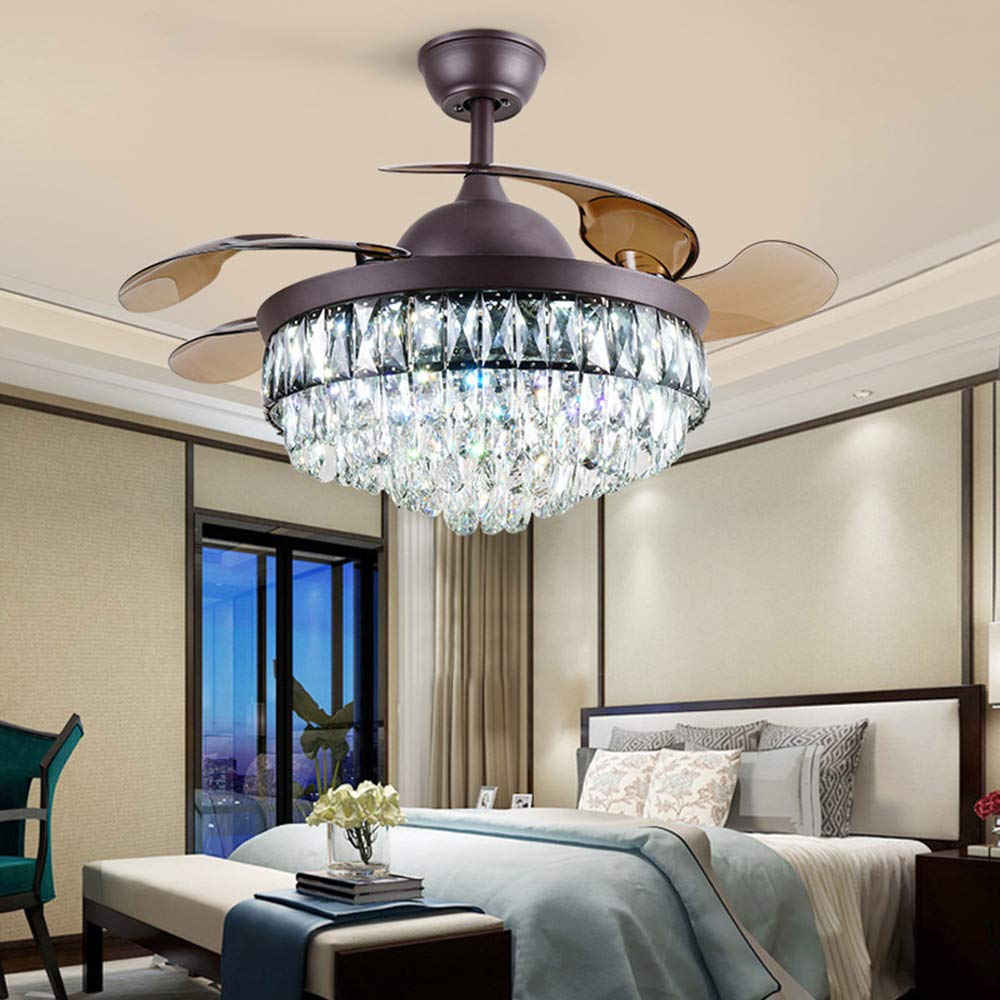 42 Inch Modern Crystal Ceiling Fan with LED Lights & Remote Control - 3 Speed, 3 Color Retractable Blades - Brown Finish Chandelier Fandelier for Dining Room, Living Room, Bedroom | Energy Efficient Cooling & Elegant Lighting Solution