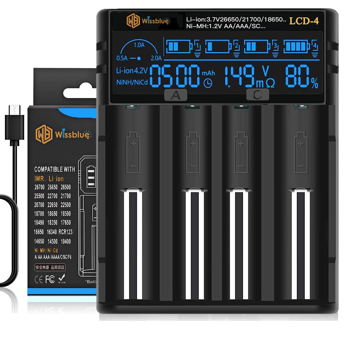 WISSBLUE 18650 Battery Charger with LCD Screen - Fast 2A Adjustable Charger for 18650, 26650, 21700, 18350, 17500, 14500, NiMH & NiCd AA AAA Batteries - Perfect for Flashlights, Vaping Devices & Electronics