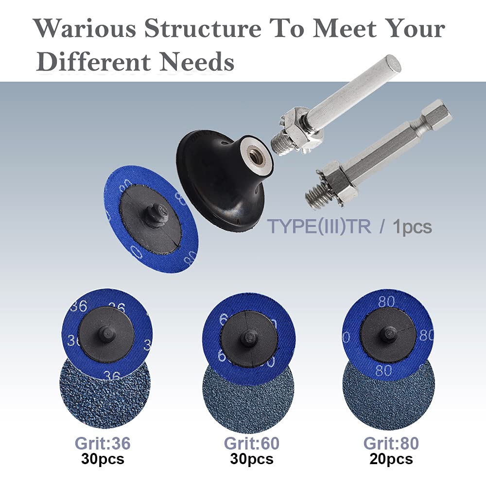 80 Pcs 2 Inch Zirconia Coated Roll Lock Sanding Discs for Die Grinder - 36/60/80 Grit Abrasive Discs with 1/4