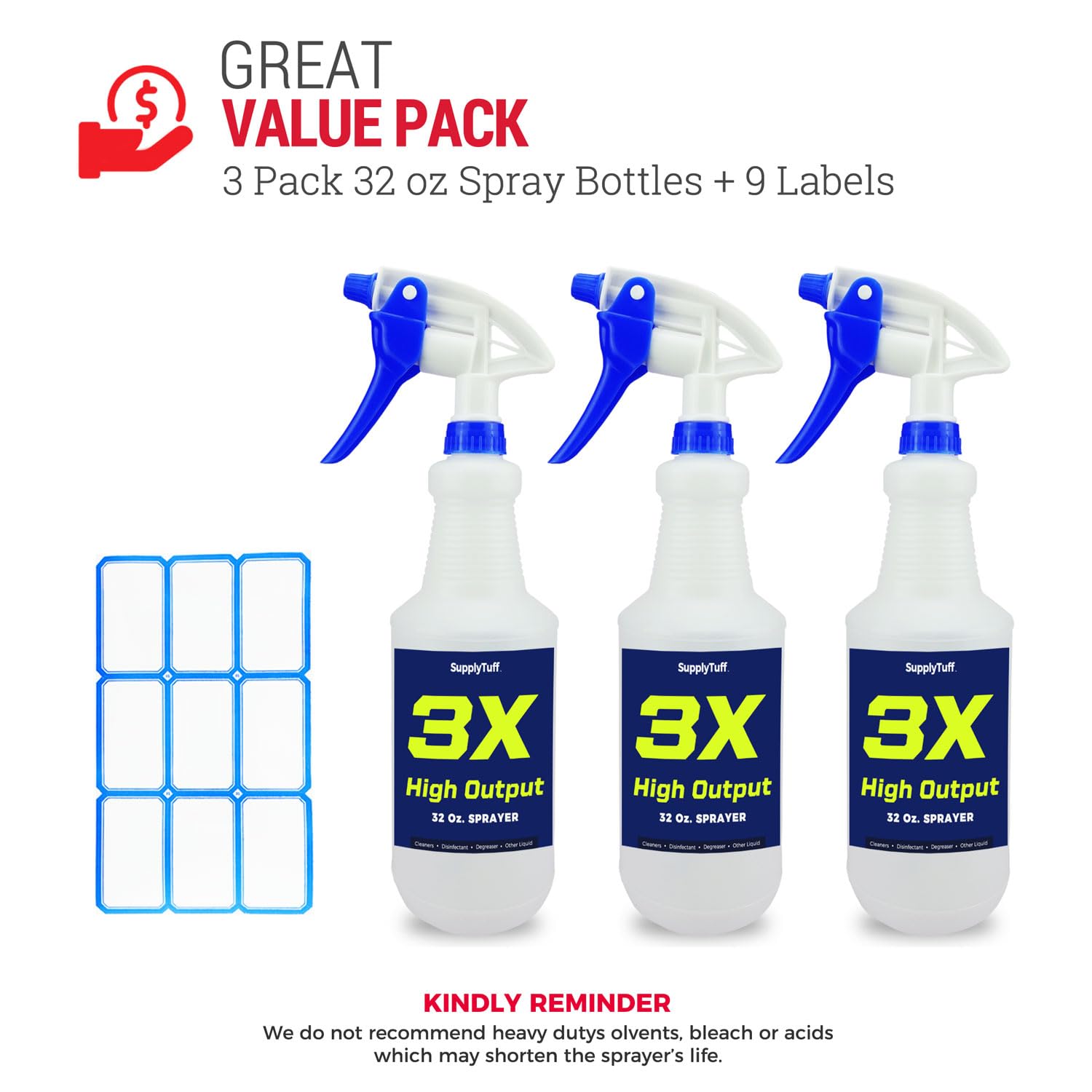 3X High Output Heavy Duty Spray Bottles - 32 oz Professional Industrial Cleaning Spray Bottles (3 Pack) for Commercial, Household & Car Detailing | Perfect for Disinfectants, Degreasers & Multi-Surface Cleaners