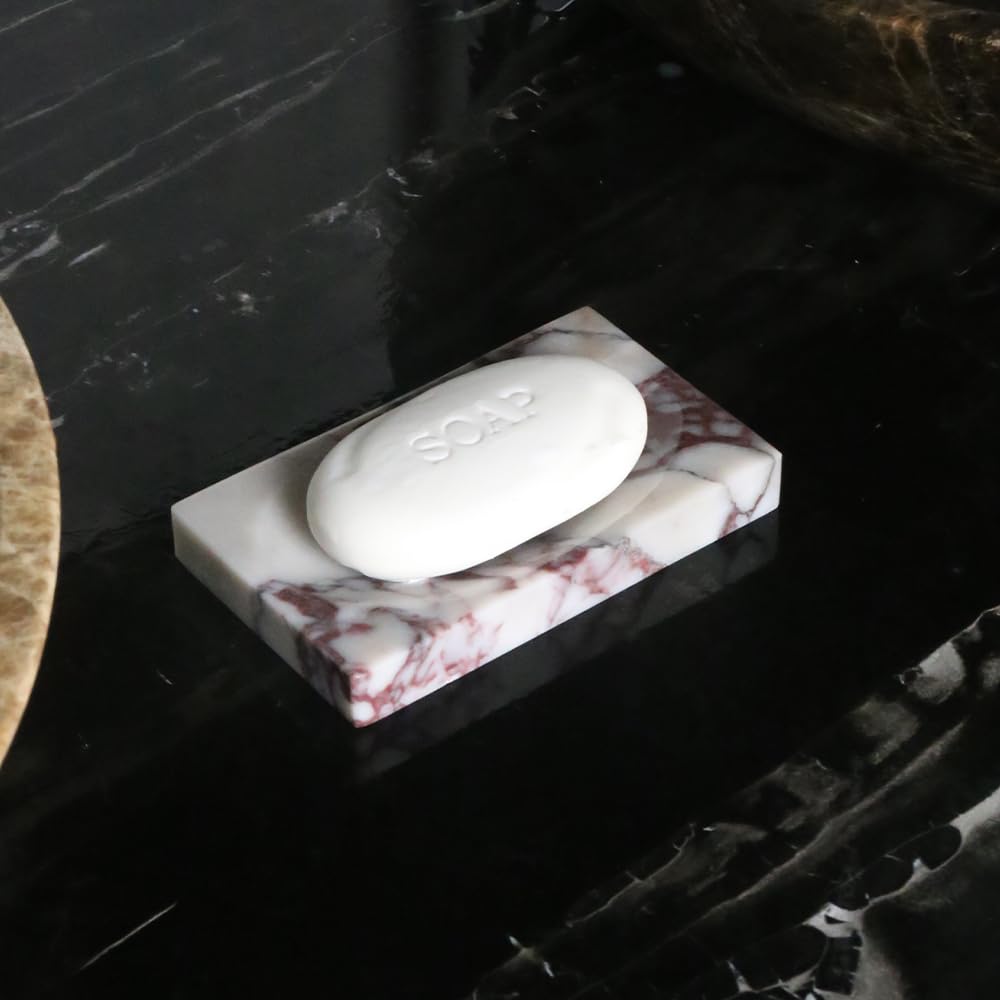 Premium Natural Marble Soap Dish Tray - Elegant Soap Holder & Trinket Plate for Bathroom, Kitchen Countertop, Bedroom Vanity | Water-Resistant Marble Bath Accessory for Sink, Shower & Spa Decor (Rectangular)