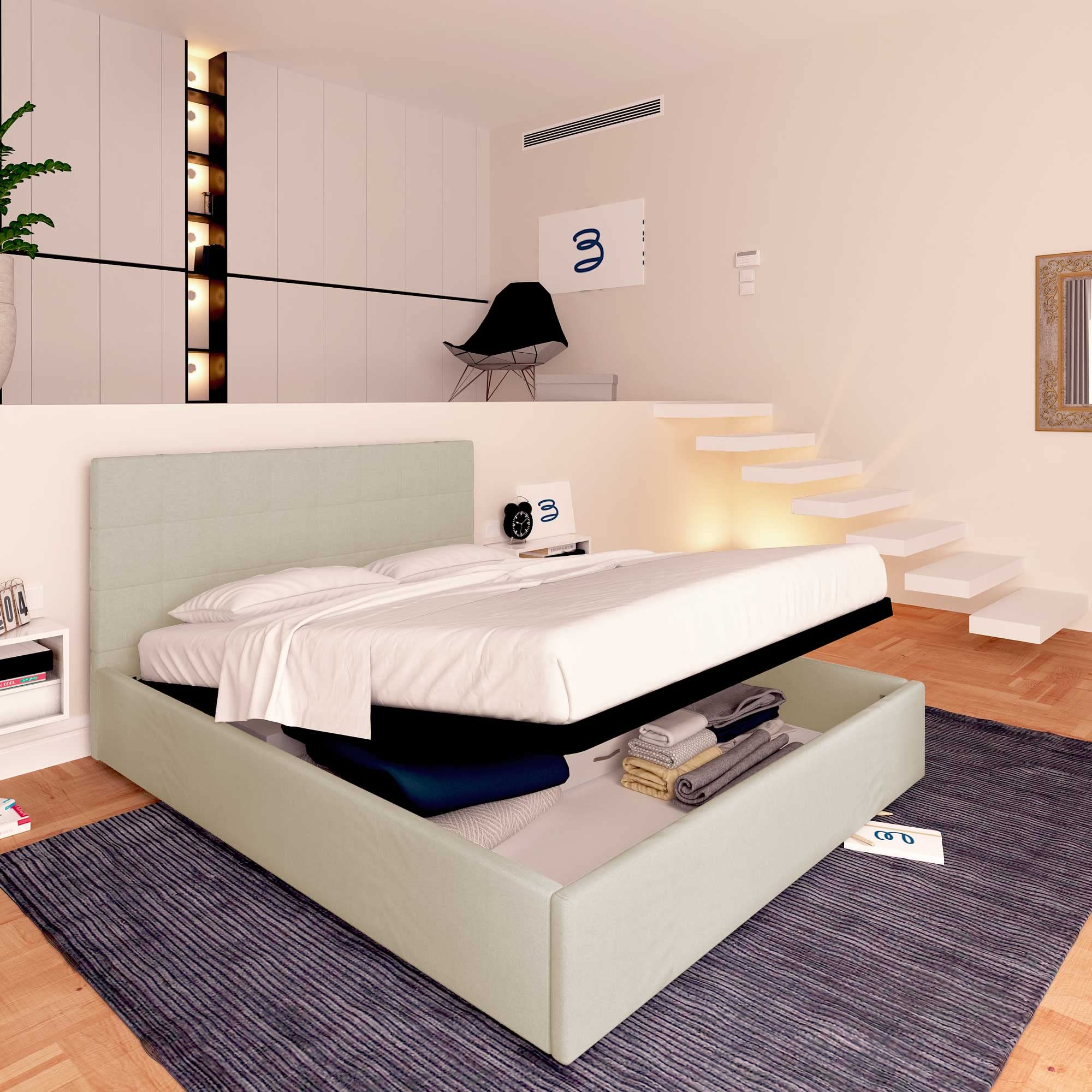Baldiflex Single Bed with Storage - Dublin Model Synthetic Leather Upholstery, Slatted Base for Single Mattress, 180 x 200 cm, Elegant Headboard, Light Beige - Perfect for Small Bedrooms, Guest Rooms & Studio Apartments
