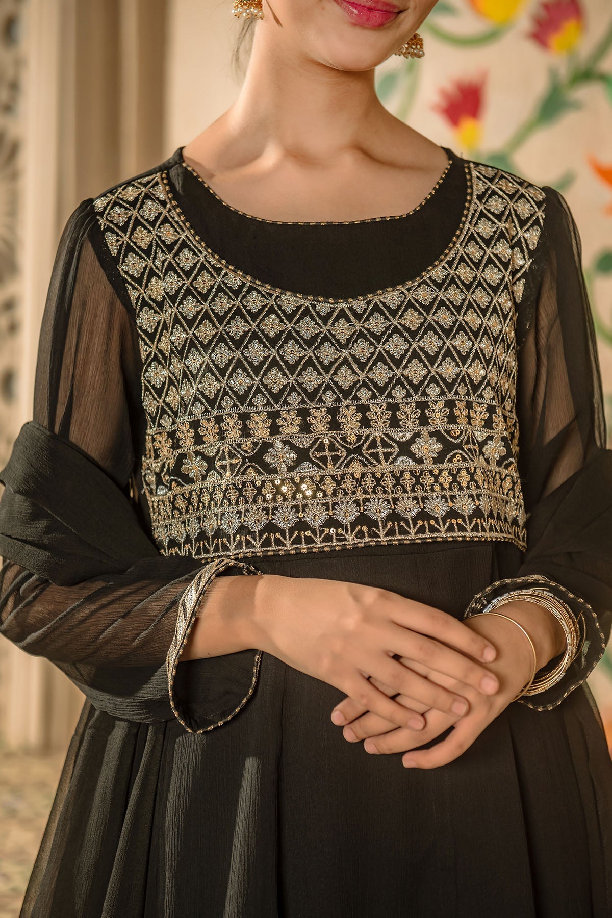 Elegant Black Chiffon Embroidered Suit with Ochre Stitching - Perfect for Weddings, Parties & Special Occasions