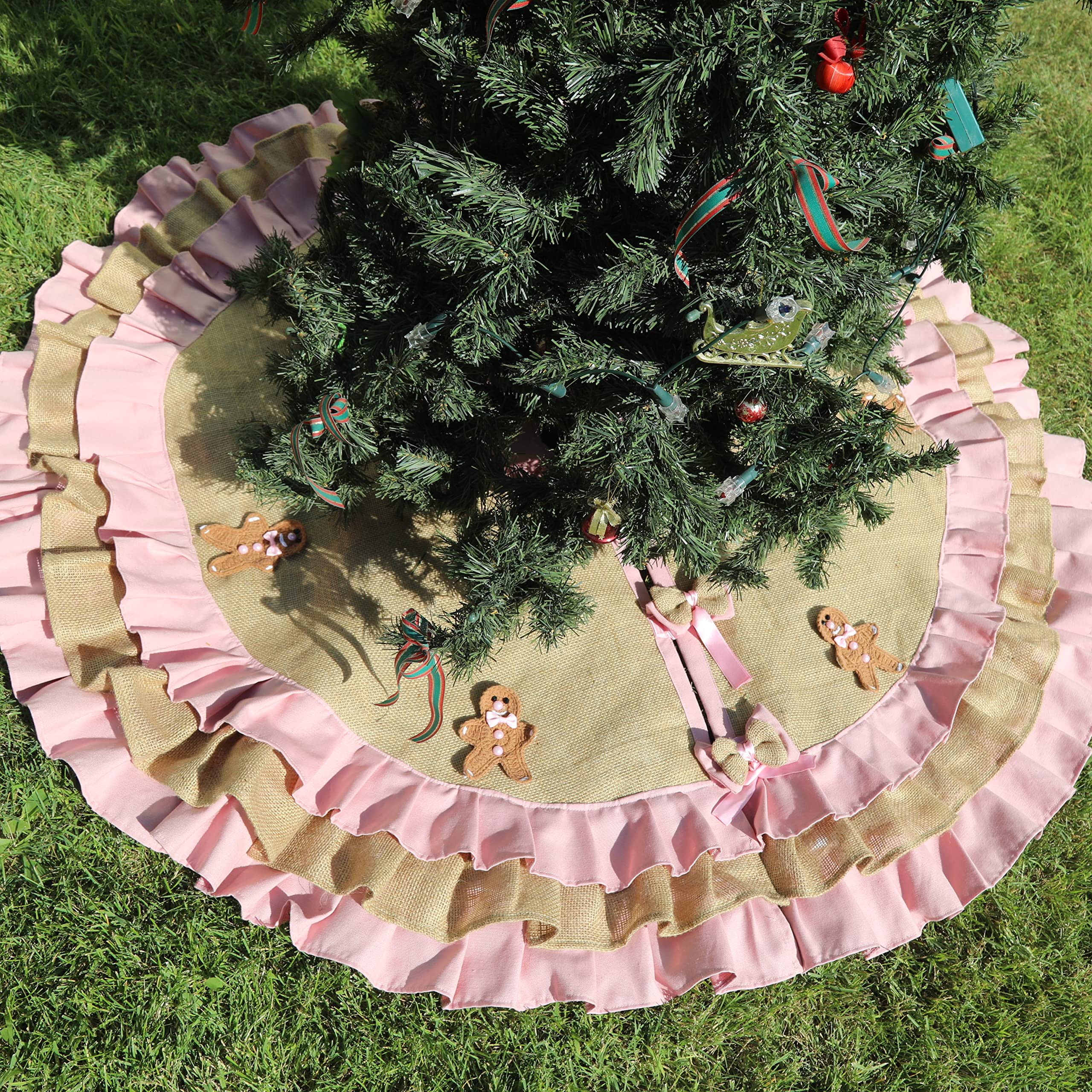 Burlap Pink Christmas Tree Skirt with Crocheted Gingerbread Man & Dusty Pink Ruffles - 70 Inch Rustic Holiday Decor for Xmas Tree (Standard Size) | Perfect for Farmhouse, Vintage & Cozy Winter Home Decor