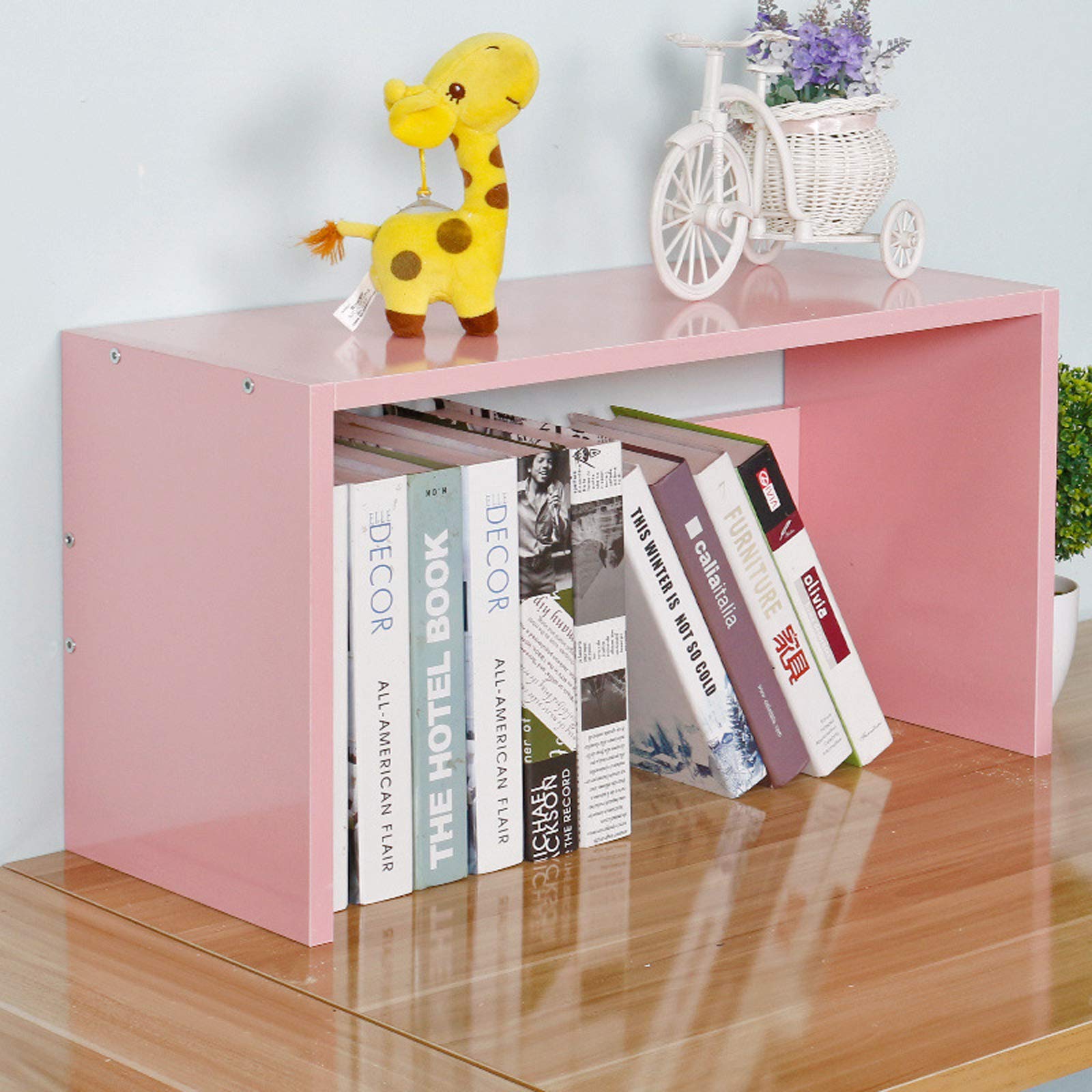 DIY Adjustable Desktop Bookshelf - Wooden Countertop Bookcase for Office & Home, Assembled Desk Organizer with Literature Display Rack in Pink - Perfect for Workspace Organization & Book Storage