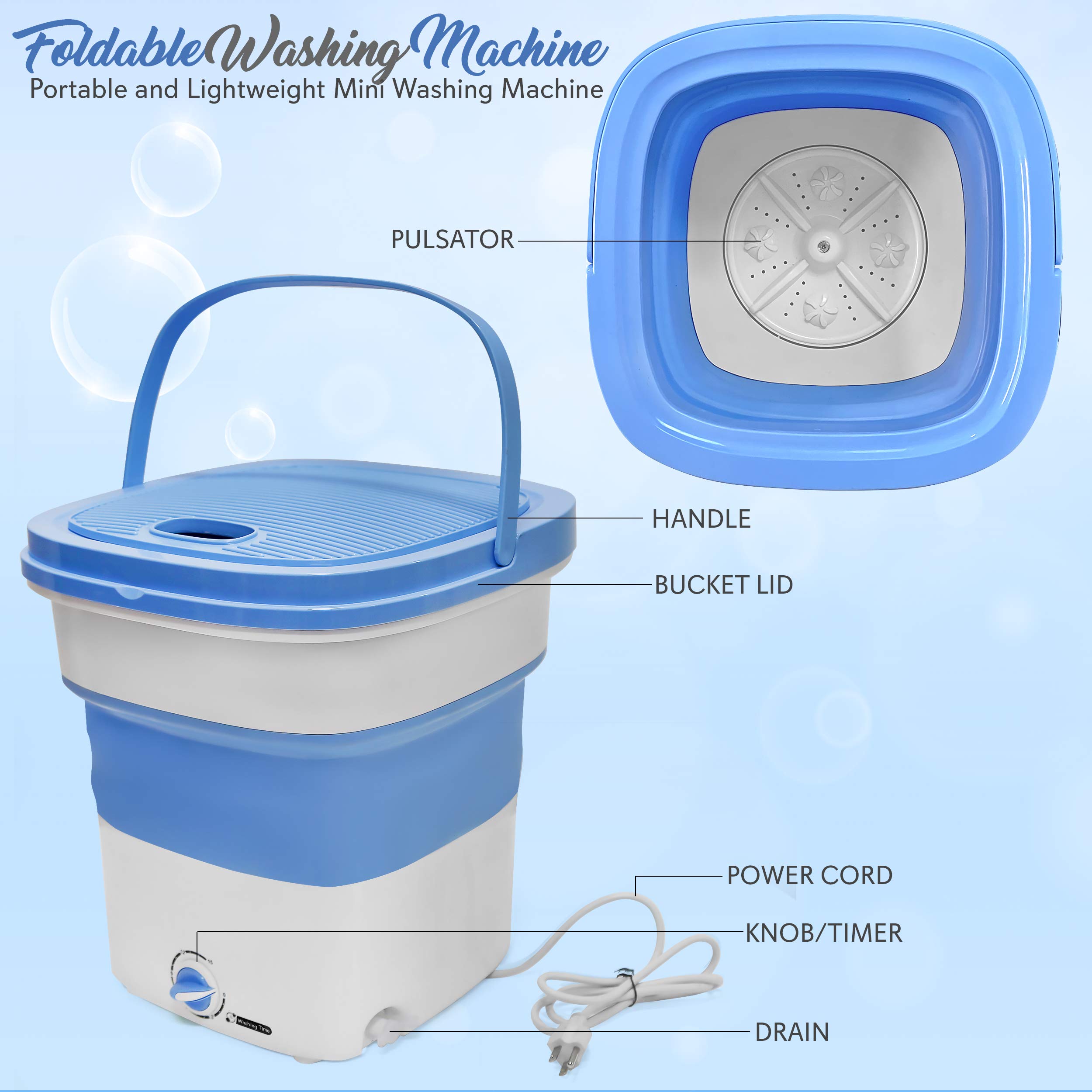 PURE CLEAN Portable Mini Washing Machine | Lightweight Collapsible Bucket for Camping, Travel, Apartments & Dorms | Compact Laundry Solution for Small Spaces | USA Brand Pure Clean PUCWM33.5 in Light Blue | Perfect for RV Trips, College Dorms & Tiny Homes