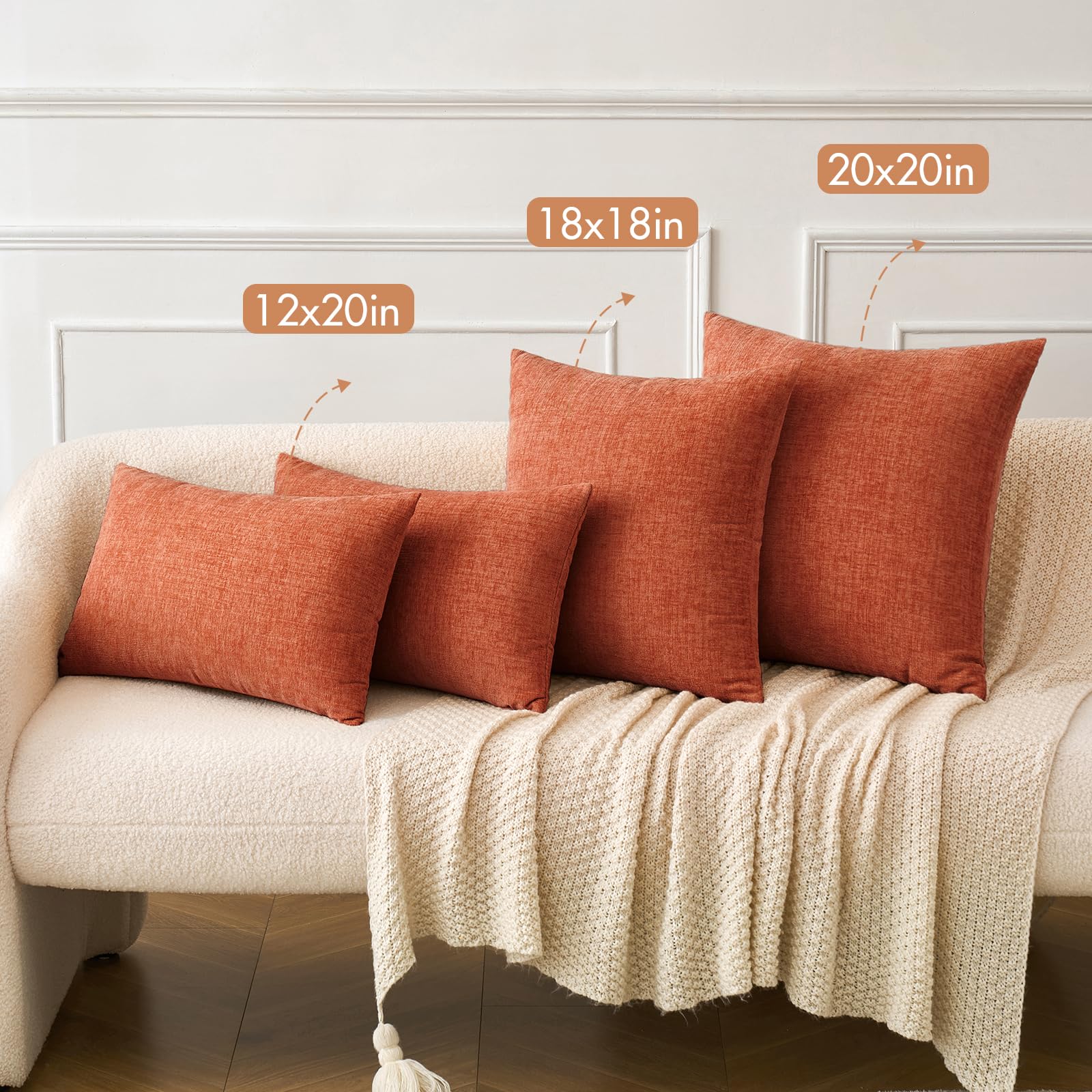 MIULEE 2-Pack 18x18 Inch Soft Burnt Orange Chenille Throw Pillow Covers for Couch, Sofa & Living Room - Solid Dyed Decorative Pillow Cases - Perfect for Home Decor, Cozy Accents & Seasonal Styling