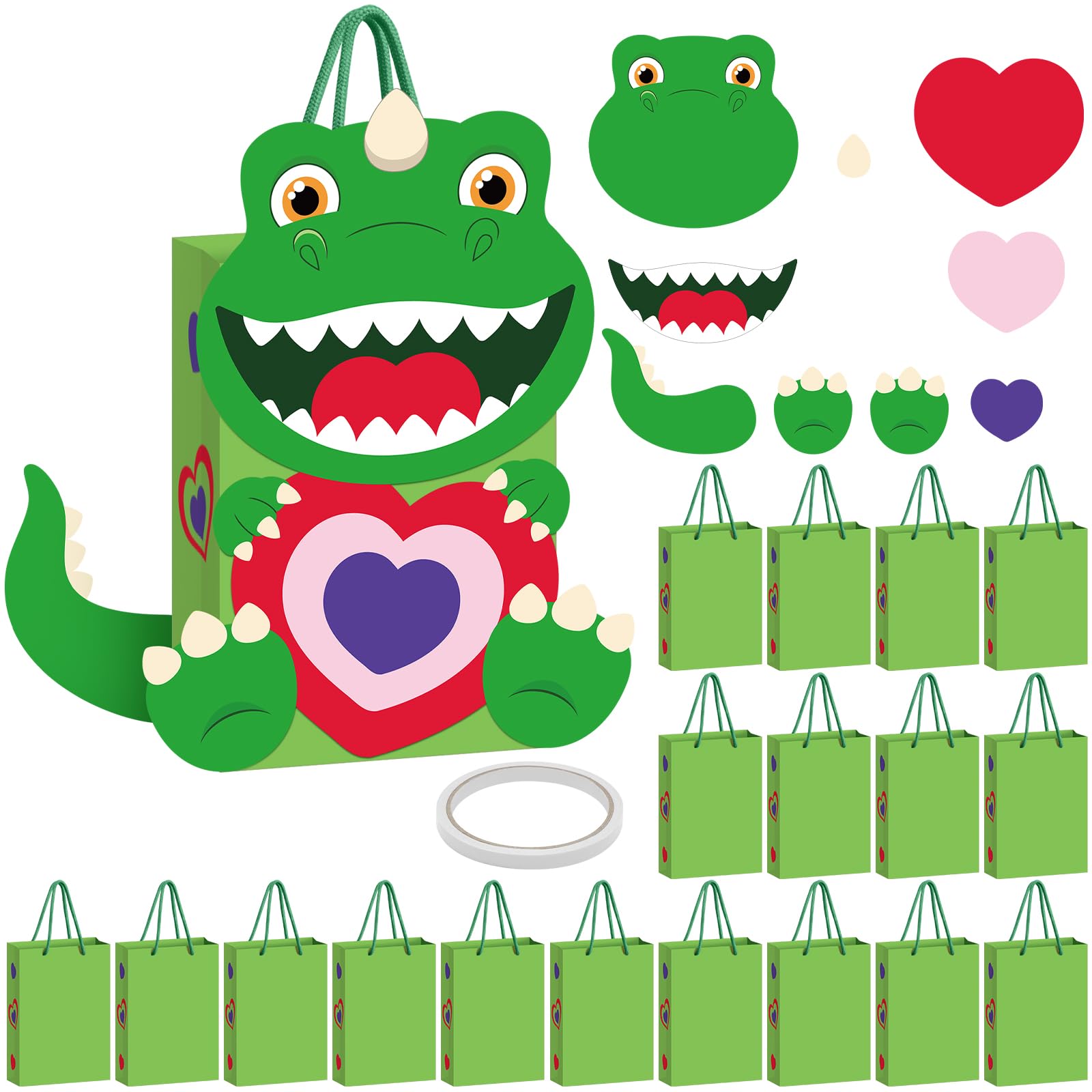18 Pcs DIY Valentine's Day Paper Gift Bags for Kids - Cute Dinosaur Print Candy Bags with Handles, Classroom Party Favors, School Exchange Gifts, Valentine Crafts & Gift Wrapping Activities (Green) - Perfect for Valentine's Day Celebrations, Classroom Parties & Kids' Craft Activities
