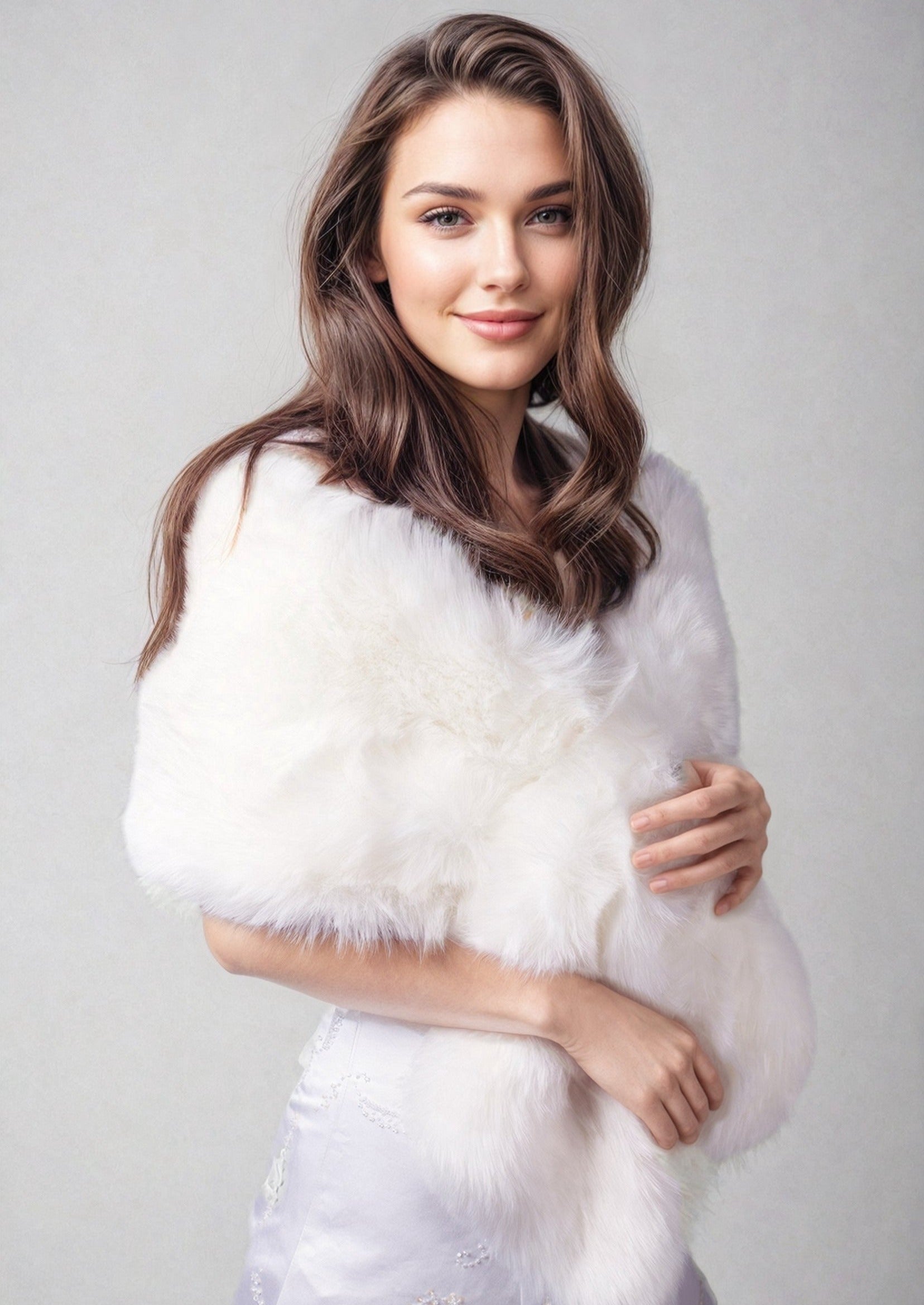Light Ivory Faux Fur Shawl Wrap - Soft Winter Scarf for Women - Elegant Lilian Wht01 Shawl - Perfect for Evening Parties, Weddings and Cold Weather Outfits