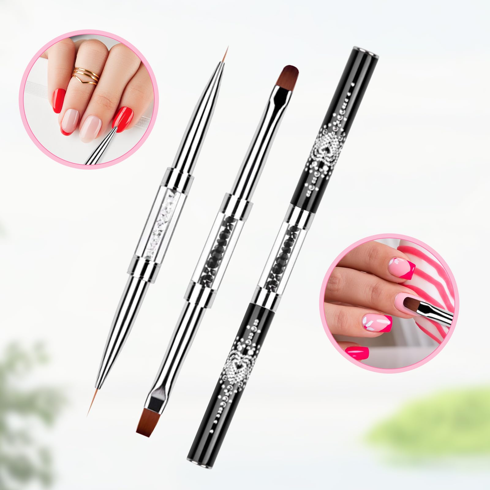 4pcs Dual-Ended Professional Nail Art Brushes - Builder Gel Brush & French Tip Liner with Rhinestone Handle for Hard Gel, Manicure & Nail Design | Perfect for Salon, Home DIY & Professional Nail Artists