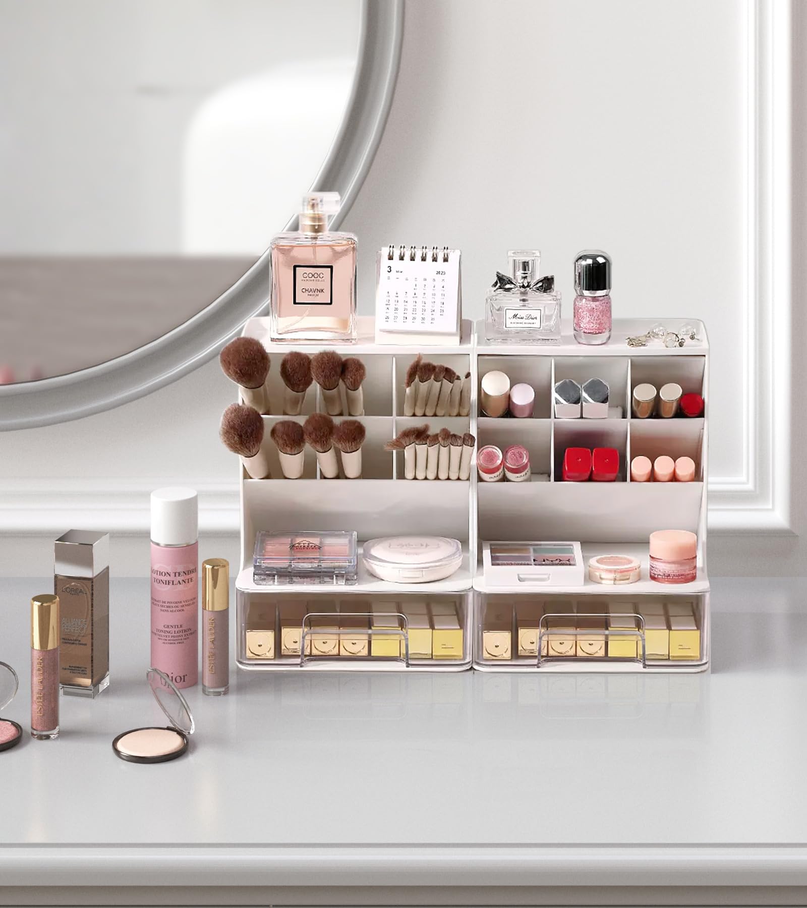 Acrylic Makeup Organizer & Storage - Cosmetic Brush Holder for Vanity Countertop, Bathroom, Bedroom | Perfect Makeup Organizer for Teen Girls | Great for Daily Beauty Routine & Travel Essentials