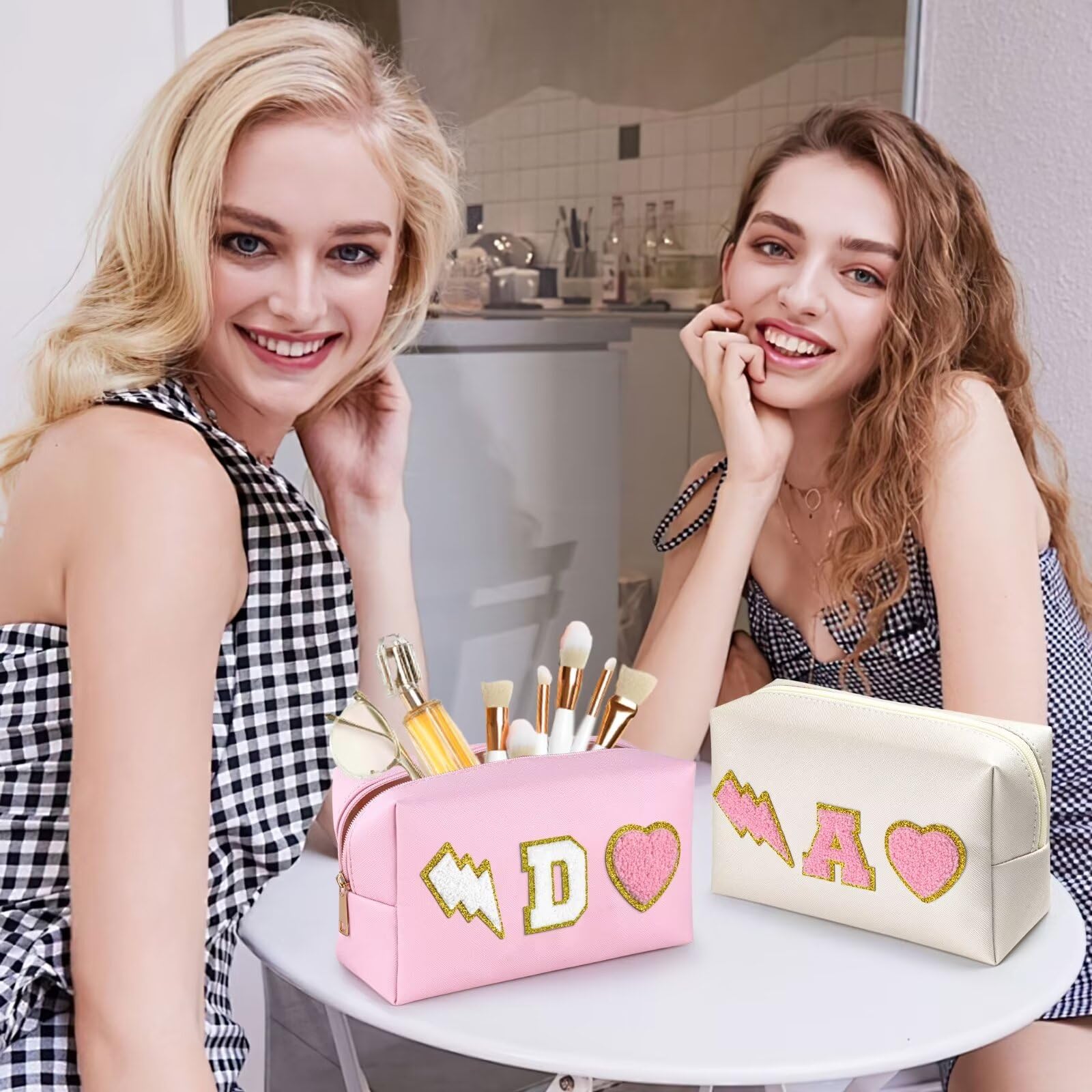 Personalized Initial Makeup Bag for Teen Girls - Cute Pink Cosmetic Pouch & Toiletry Organizer | Easter, Birthday Gift Idea for Daughter | Preppy Teen Accessories for School, Travel & Sleepovers