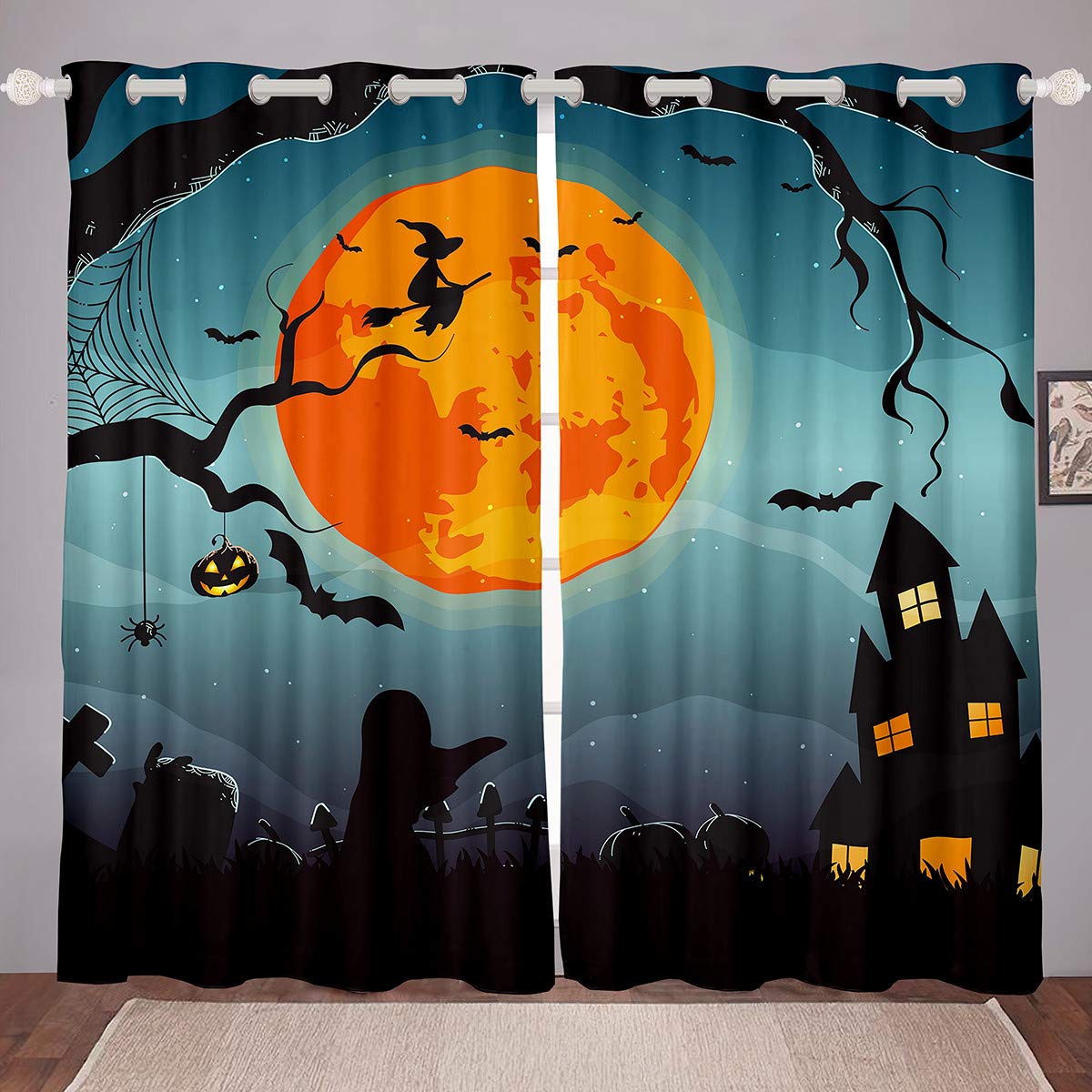 Halloween Window Curtains - Cartoon Castle & Full Moon Design, Pumpkin Lantern Decor for Living Room - 2 Panel Set with Steel Grommet Top, 104x84 Inches, Blackout Microfiber Fabric - Perfect for Halloween Party, Home Decor & Seasonal Window Treatments