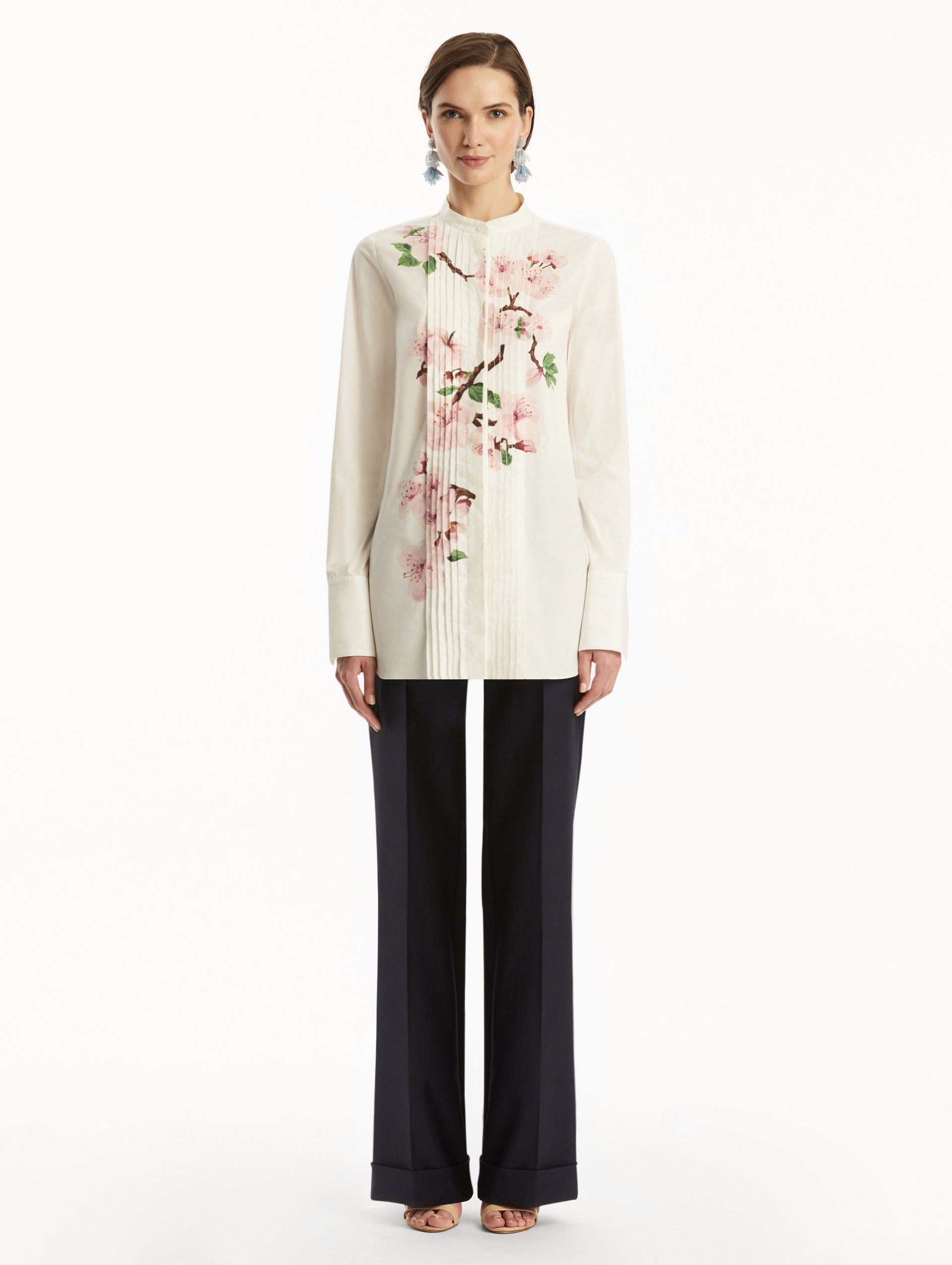 Cherry Blossom Print Cotton Poplin Pleated Blouse for Women - Elegant Spring Summer Tops for Office, Date Night & Casual Wear