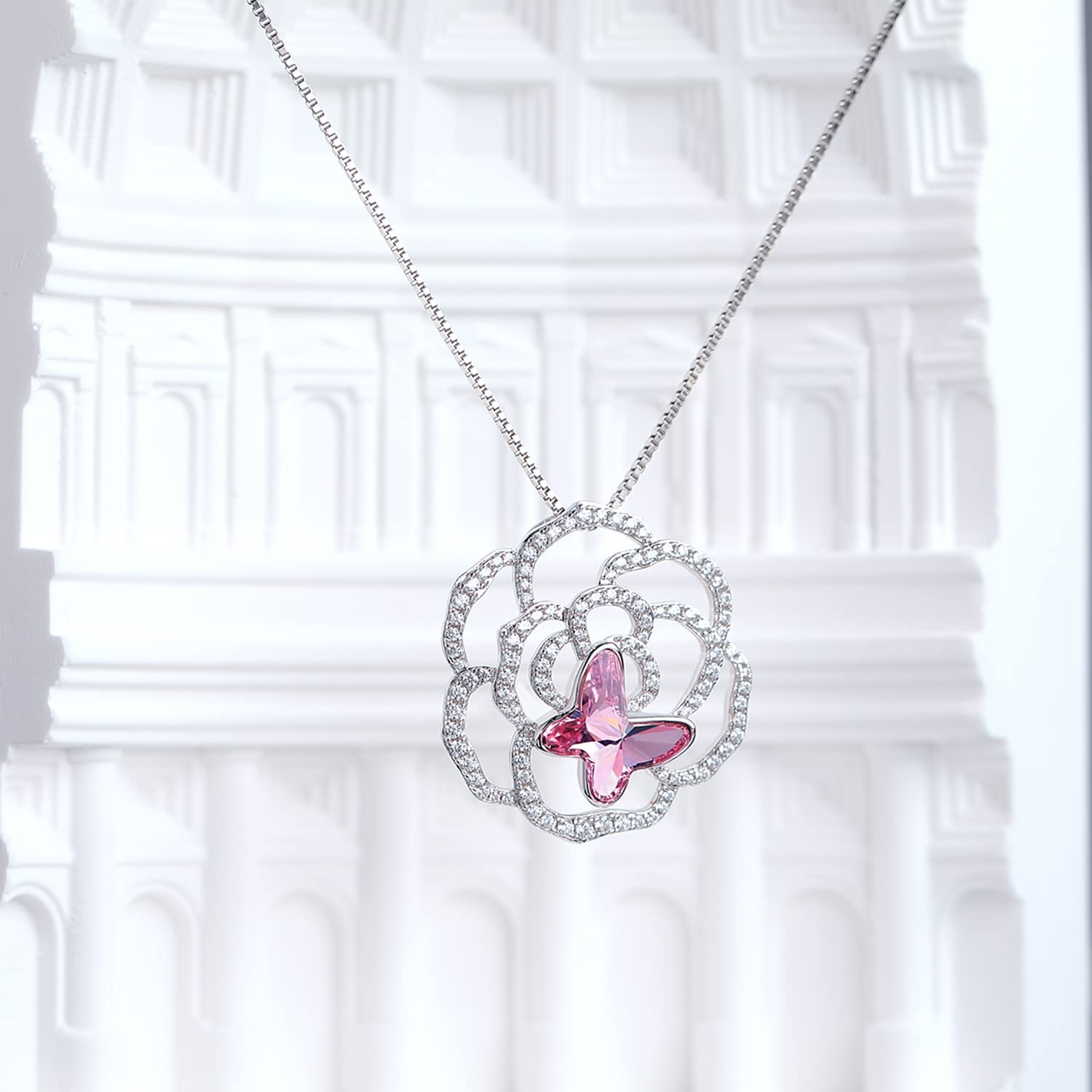 Han han Rose & Butterfly Crystal Necklace - 18K White Gold Plated 925 Sterling Silver Women's Pendant with CZ Diamonds, 18