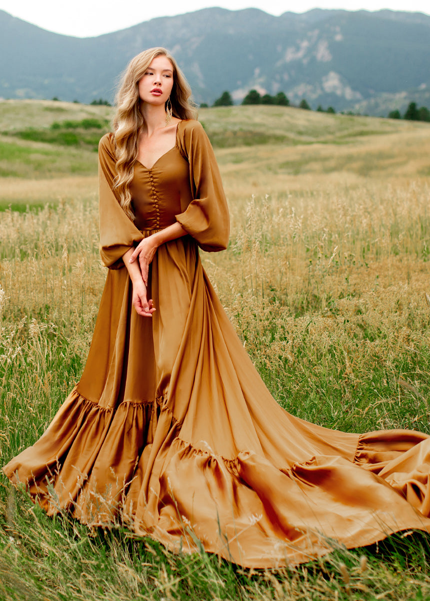 Lorna Impact Dress in Dark Honey - Elegant Women's Flowy Midi Dress for Casual Wear, Date Night & Special Occasions