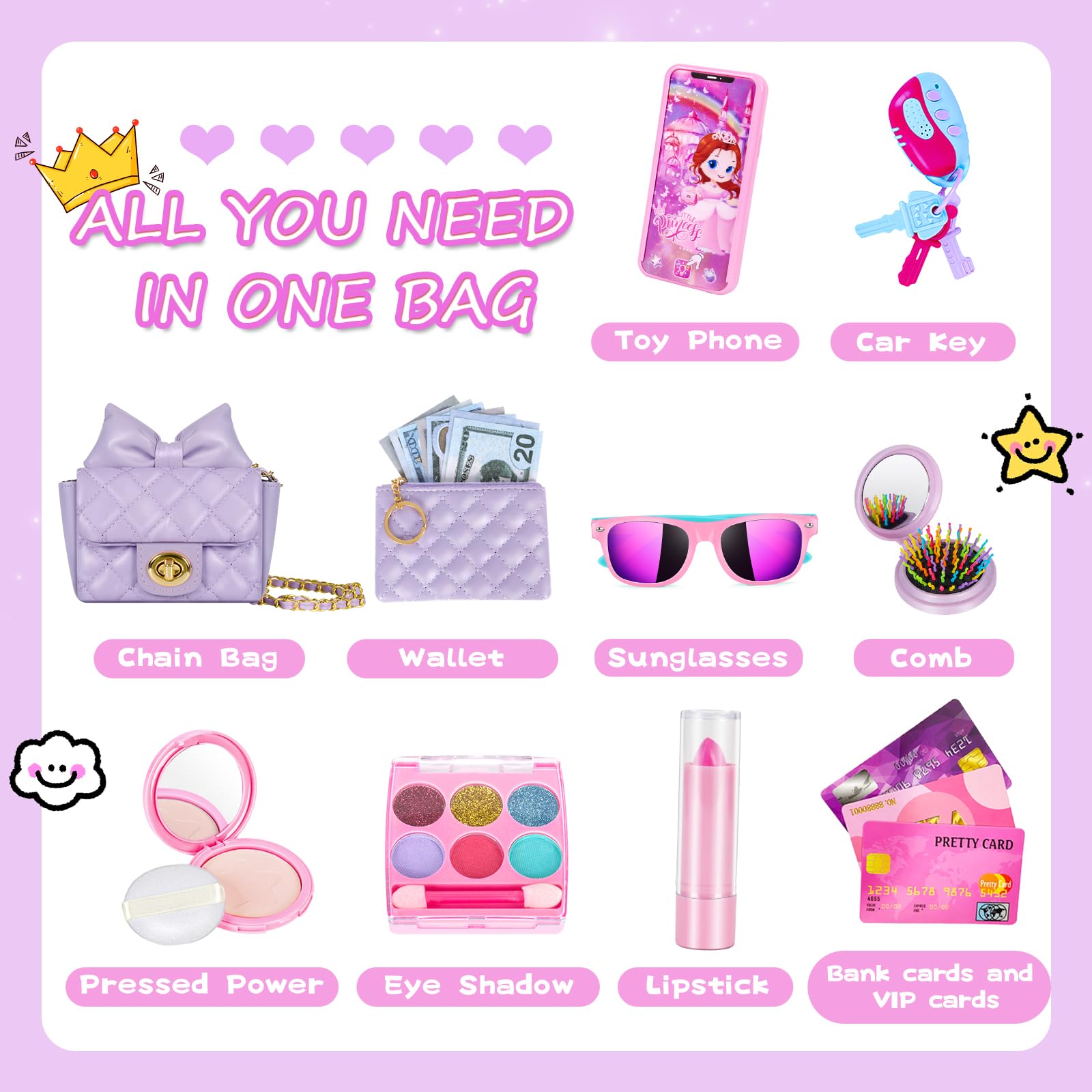 Little Girl Purse with Kids Makeup Kit - My First Purse Set with Chain Bag, Pretend Play Toys for Toddlers Ages 3-8 - Perfect Princess Gift for Christmas & Birthday (Purple) | Dress Up, Role Play & Party Fun
