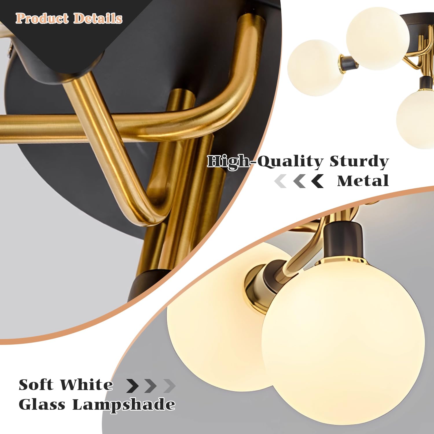 Vintage Mid Century Modern 5-Light Sputnik Ceiling Fixture - Black & Brass Semi-Flush Mount with Milk Glass Globes - Perfect for Bathroom, Dining Room, Hallway & Close-to-Ceiling Lighting
