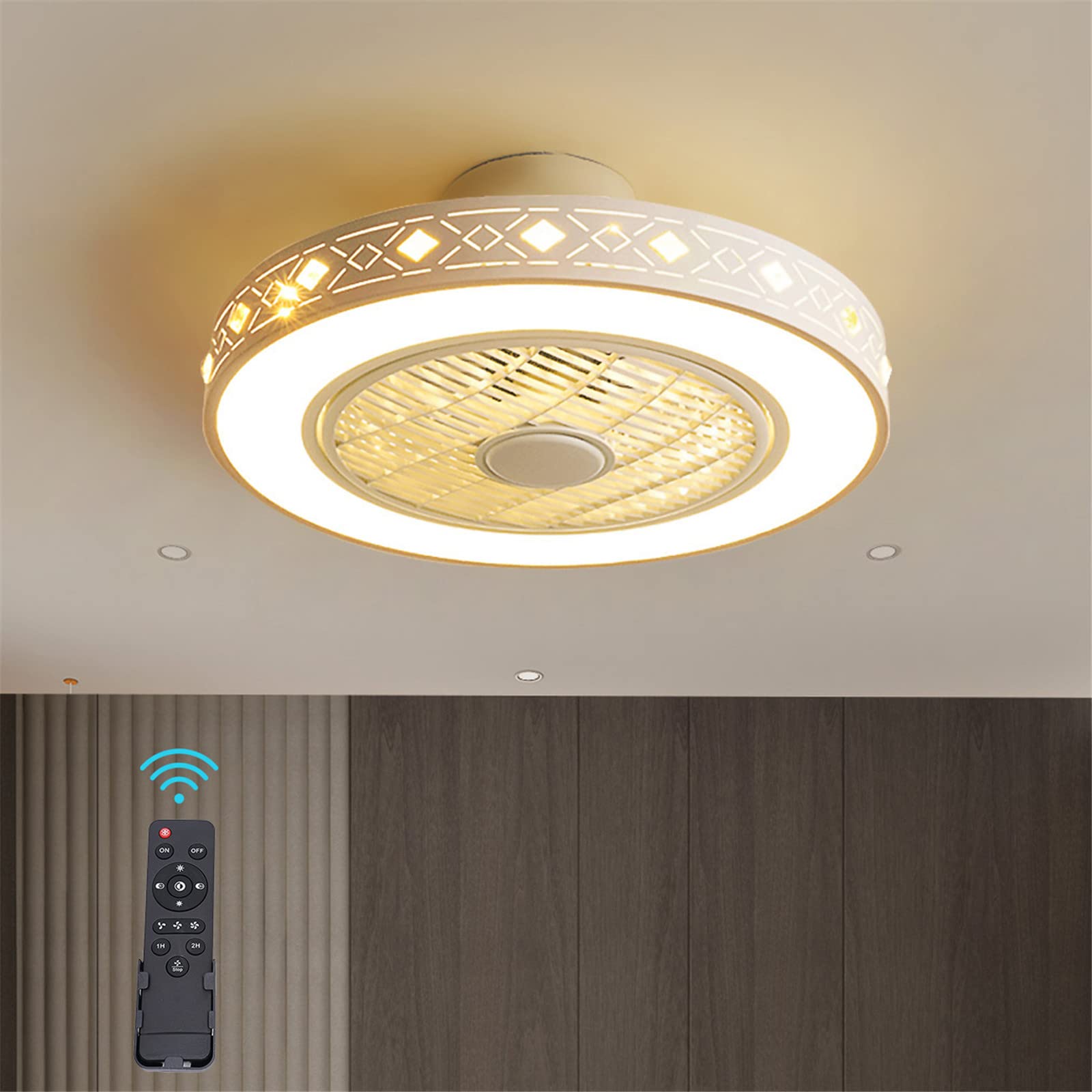 22 Inch Modern Ceiling Fan with Light and Remote - Hollow Shade LED Chandelier - 3 Color Lighting Flush Mount Fan - Perfect for Kids Bedroom, Nursery & Low Ceiling Rooms (White)